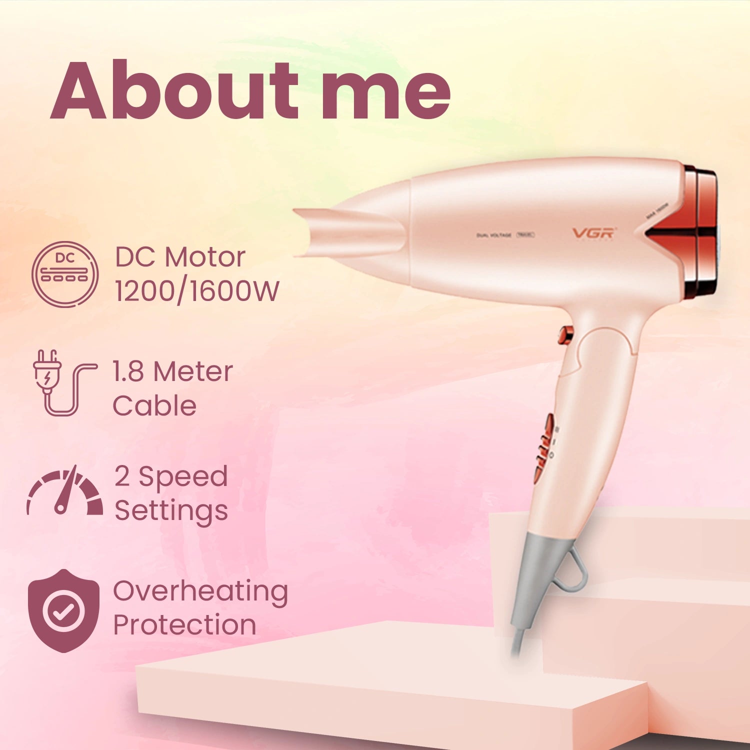 VGR V-428 Foldable Hair Dryer, 1200/1600W DC Motor, Dual Voltage, 2 Speed Settings, Travel-Friendly (Pink)