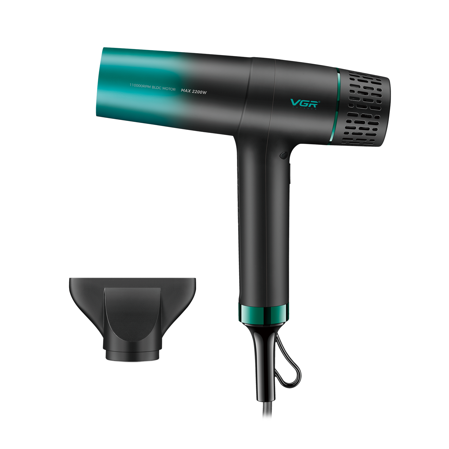 VGR V-442 Professional Hair Dryer for Men & Women, 2200W BLDC Motor, Negative Ion Technology, 3 Heat & 3 Speed Settings, Magnetic Nozzle, Cool Shot, Green/Black