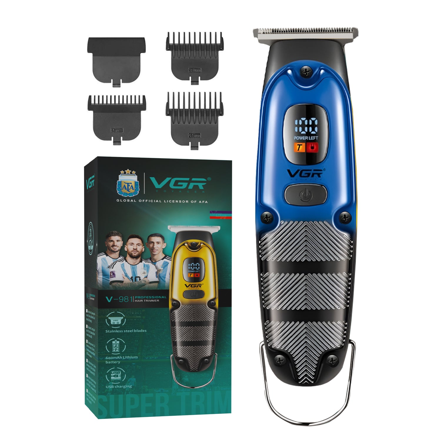 VGR V-981 Professional Hair Trimmer for Men, T-Blade Precision, Turbo Function, LED Display, 150-Min Runtime,