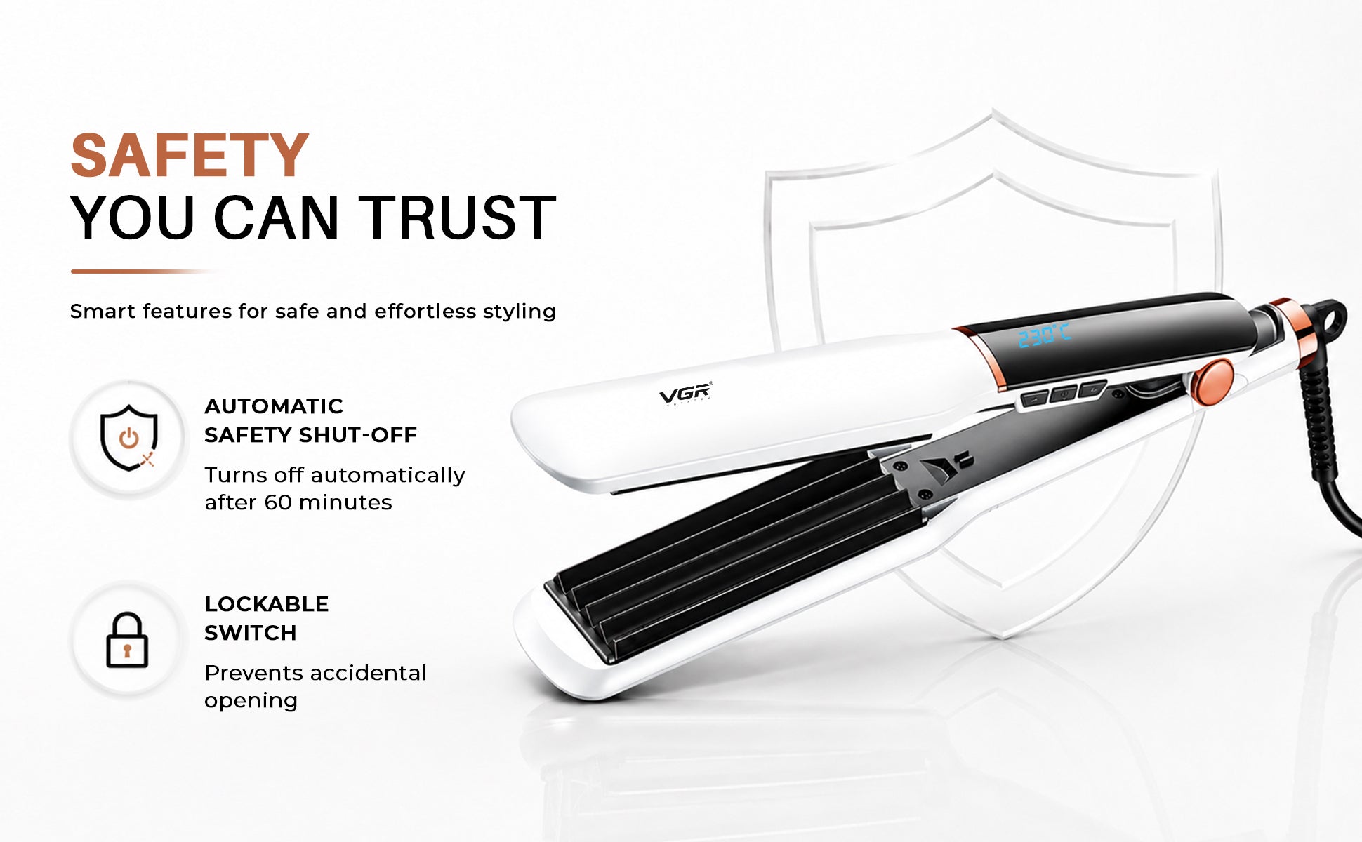 VGR V-519C Professional Hair Crimper For Women, 7 Heat Settings, Ceramic Plate, 230°C Max Heat, White