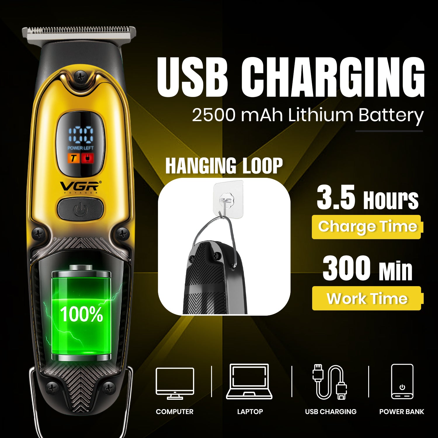 VGR V-981 Professional Hair Trimmer for Men, T-Blade Precision, Turbo Function, LED Display, 150-Min Runtime,