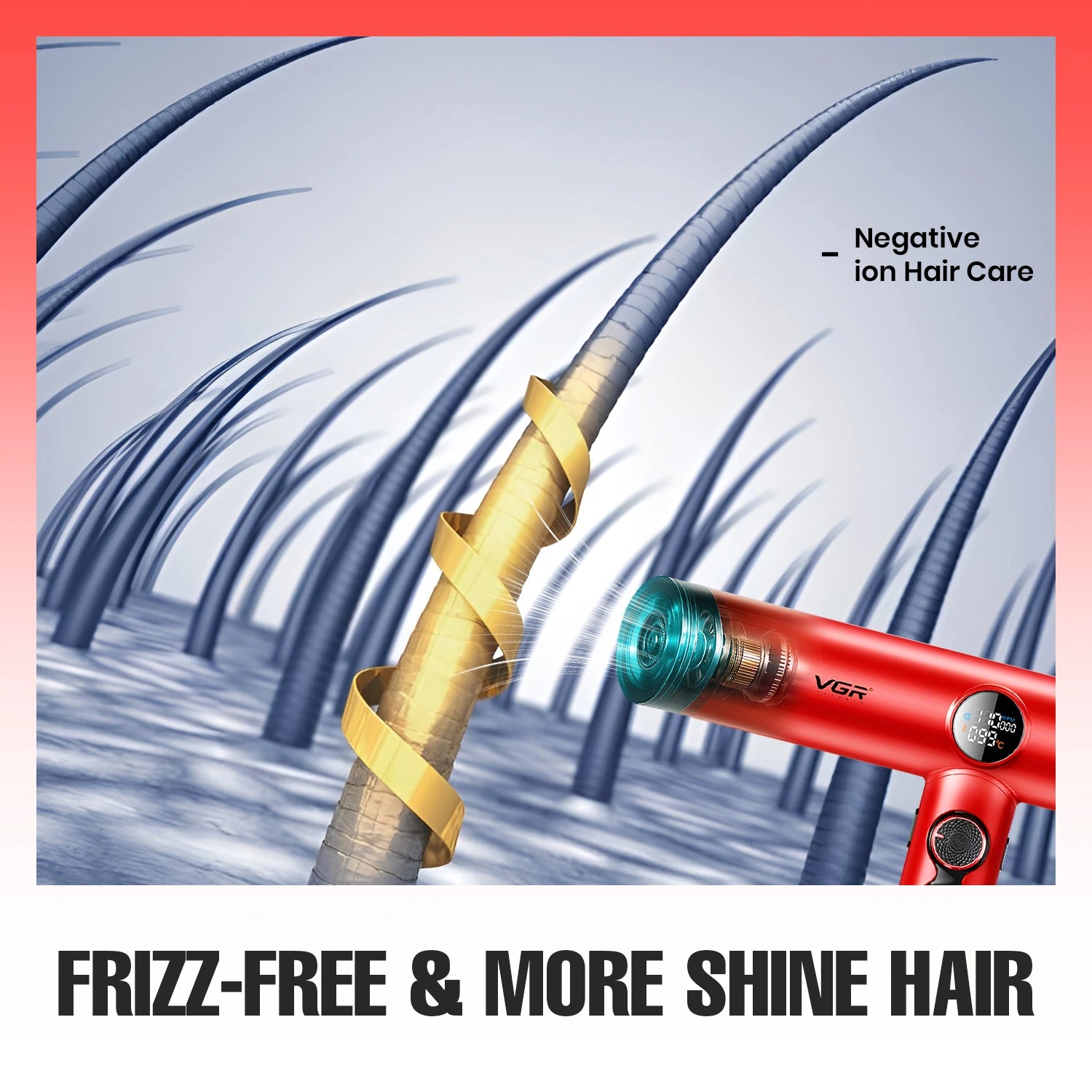 Hair straightening tool with text 'Frizz-Free & More Shine Hair' and 'Negative Ion Hair Care' on a blue background.