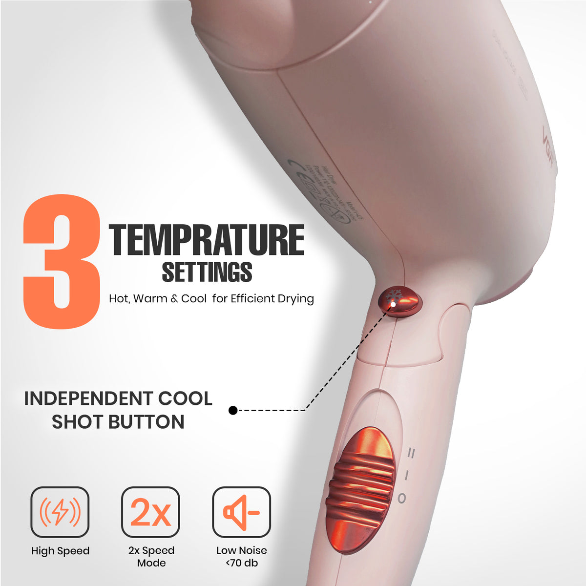 VGR V-428 Foldable Hair Dryer For Women, 2 Speed Settings, Cool Shot, Pink