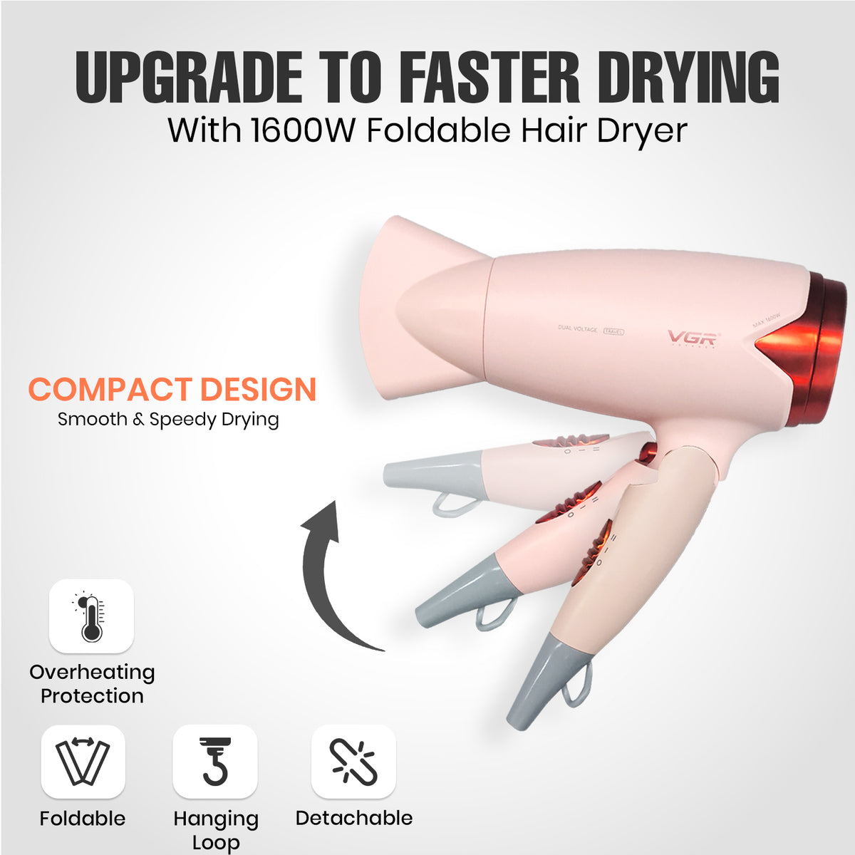 VGR V-428 Foldable Hair Dryer For Women, 2 Speed Settings, Cool Shot, Pink
