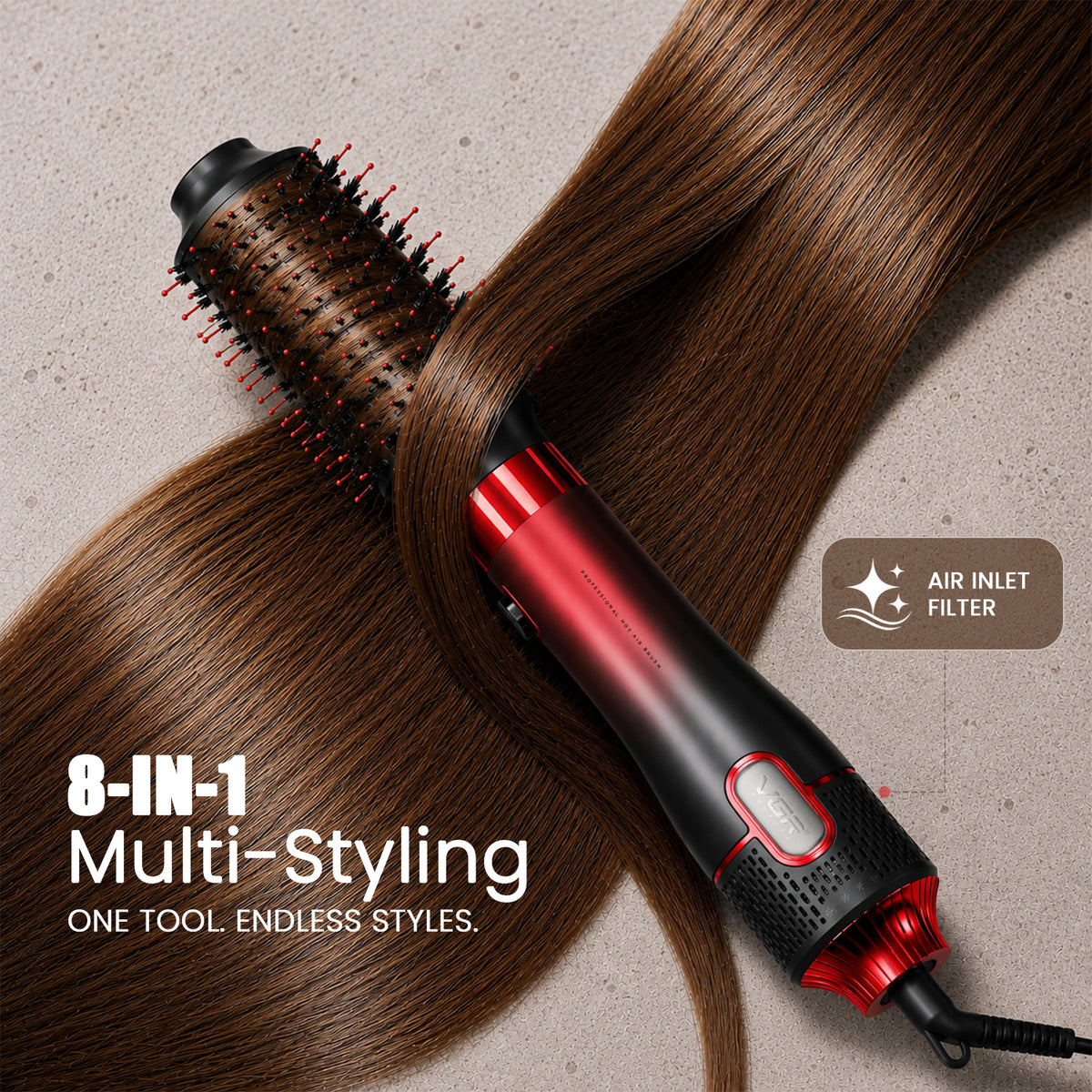 VGR V-488 Professional 8 IN 1 Hot Air Brush (Red)