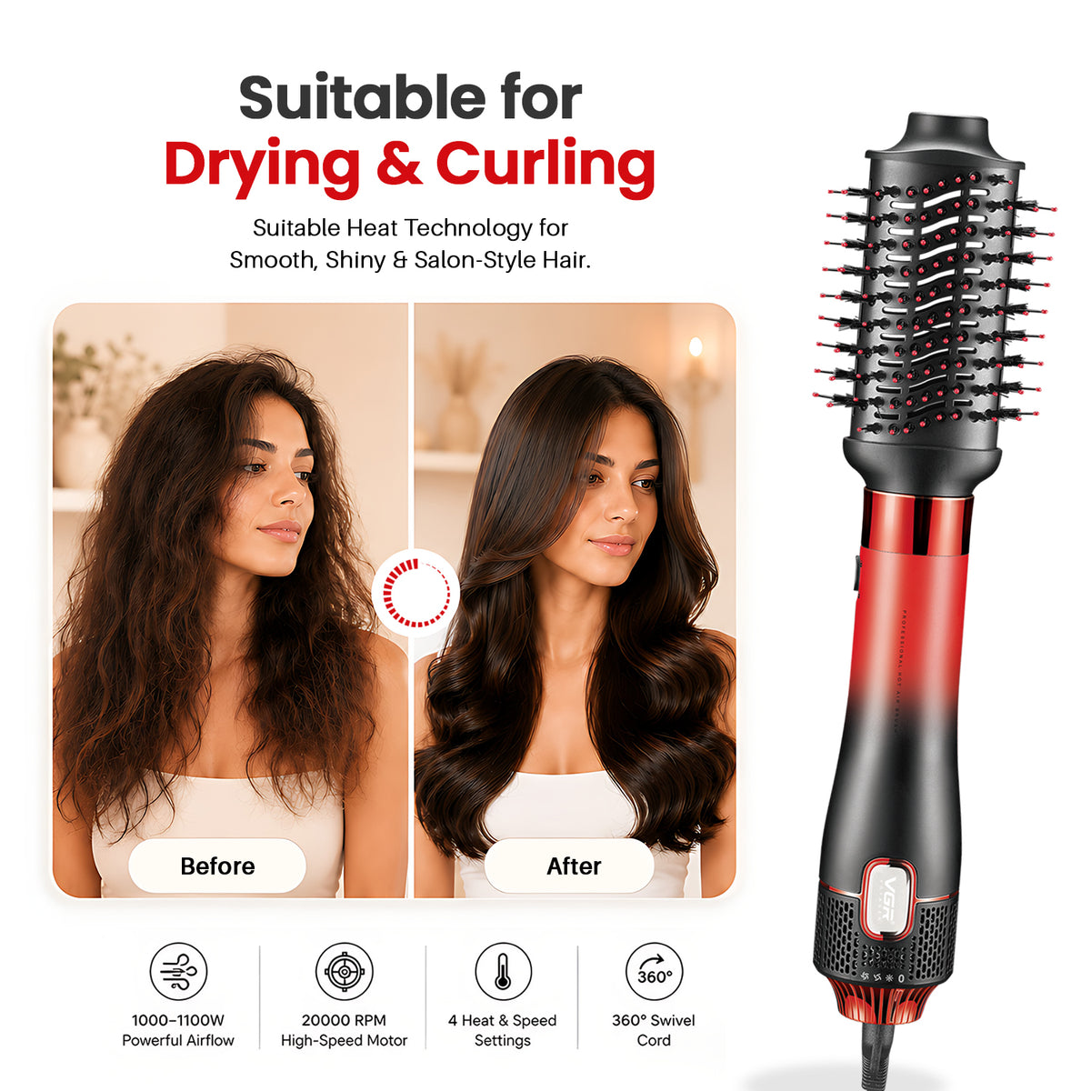 VGR V-488 Professional 8 IN 1 Hot Air Brush (Red)