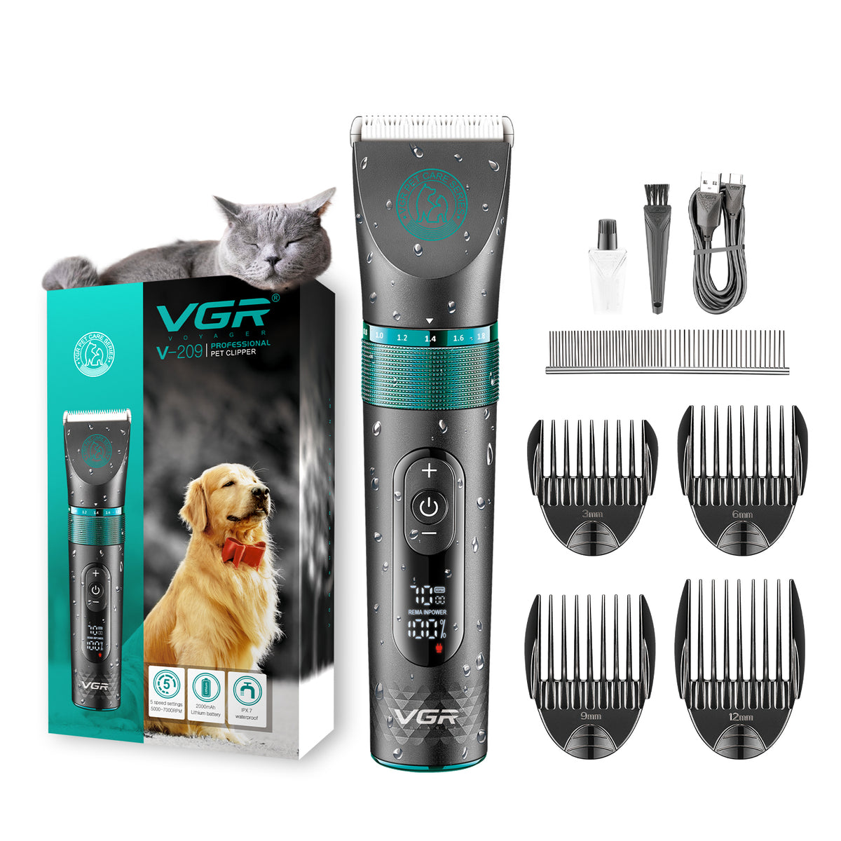 VGR V-209 Professional Pet Clipper with 200 Min Runtime, Black