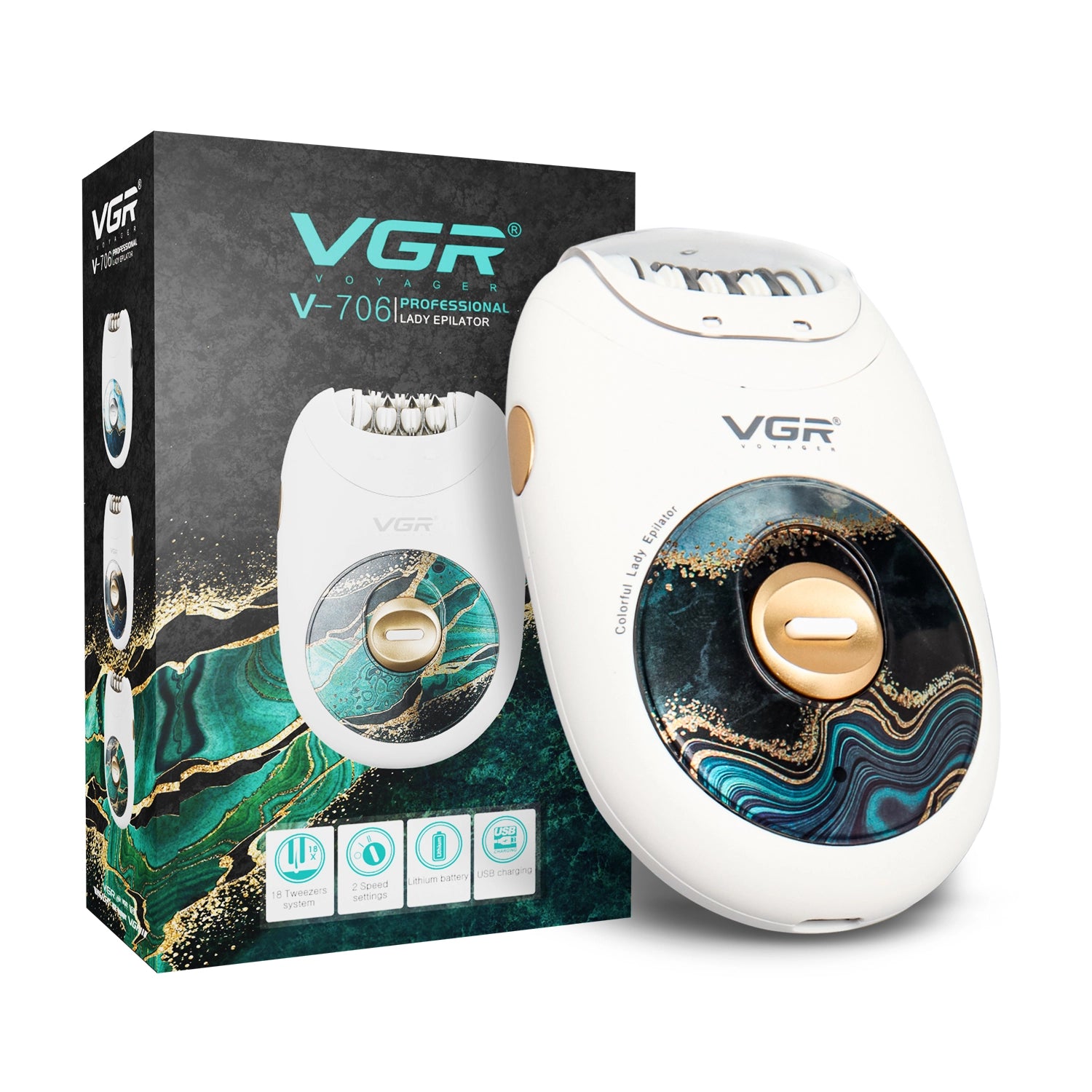 VGR V-706 Professional Women's Epilator showcased with its box, featuring a white body with mint green accents and a circular interface with LED indicators.
