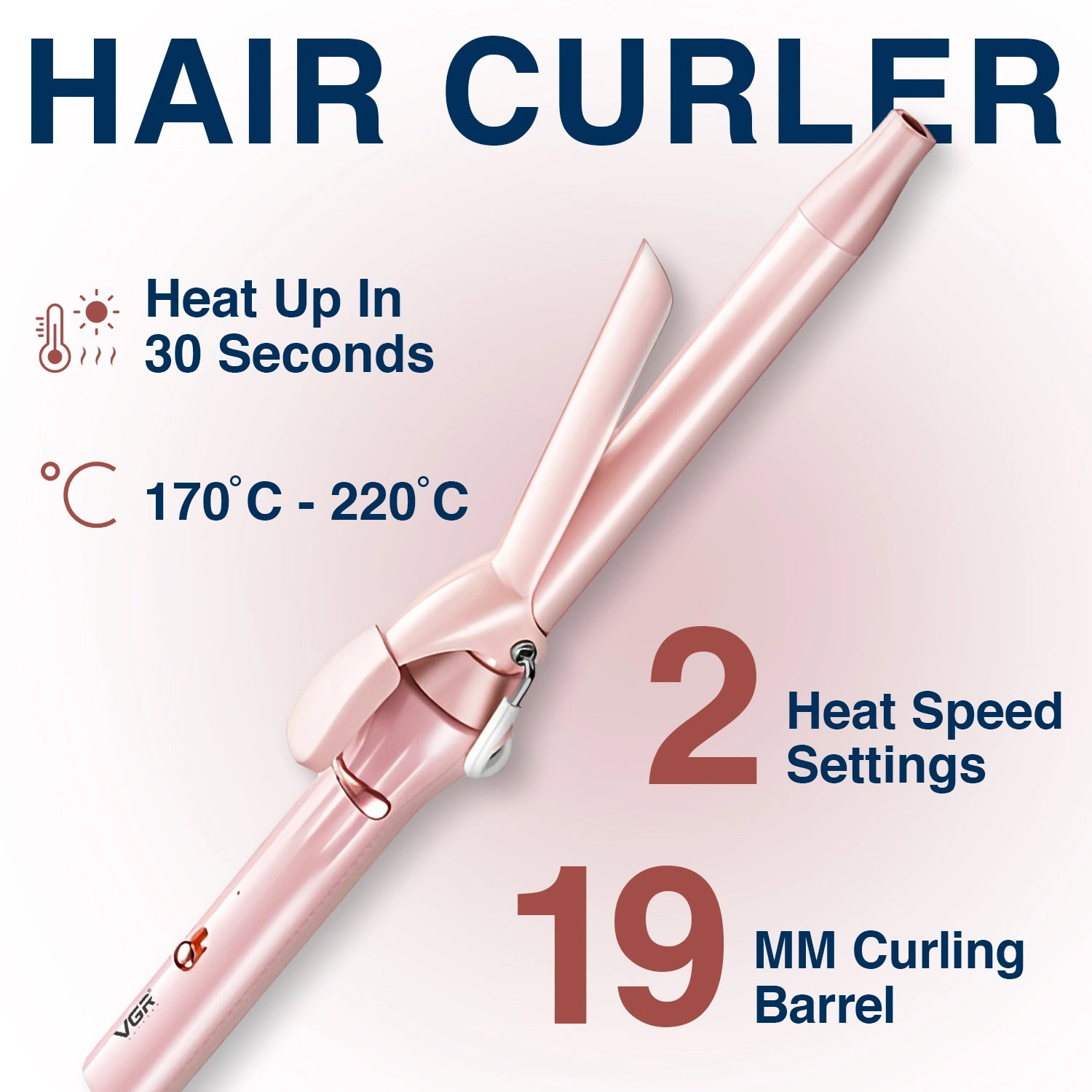 Pink hair curler with specifications on a light pink background