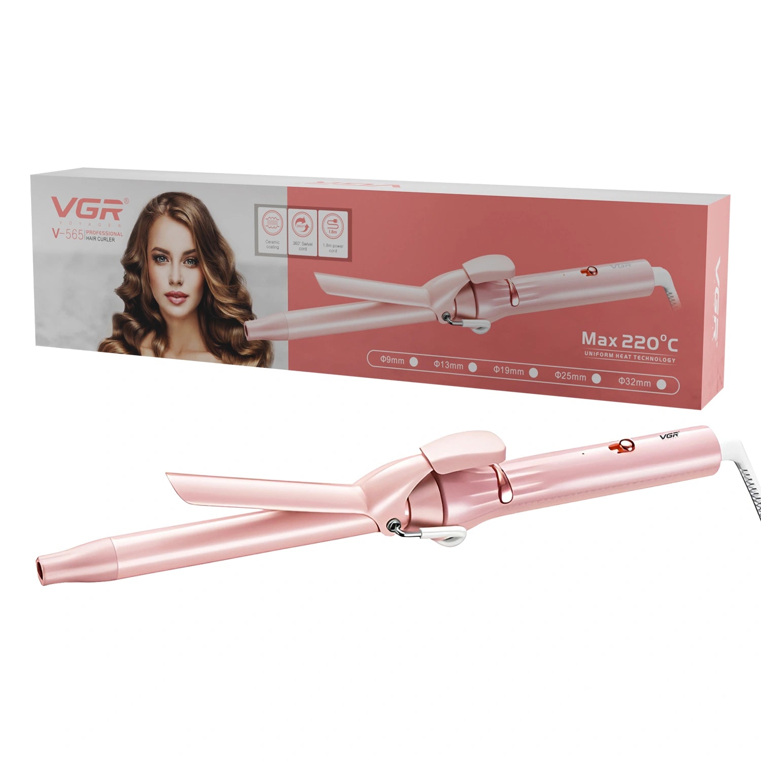 Pink hair curler with VGR branding and packaging on a white background