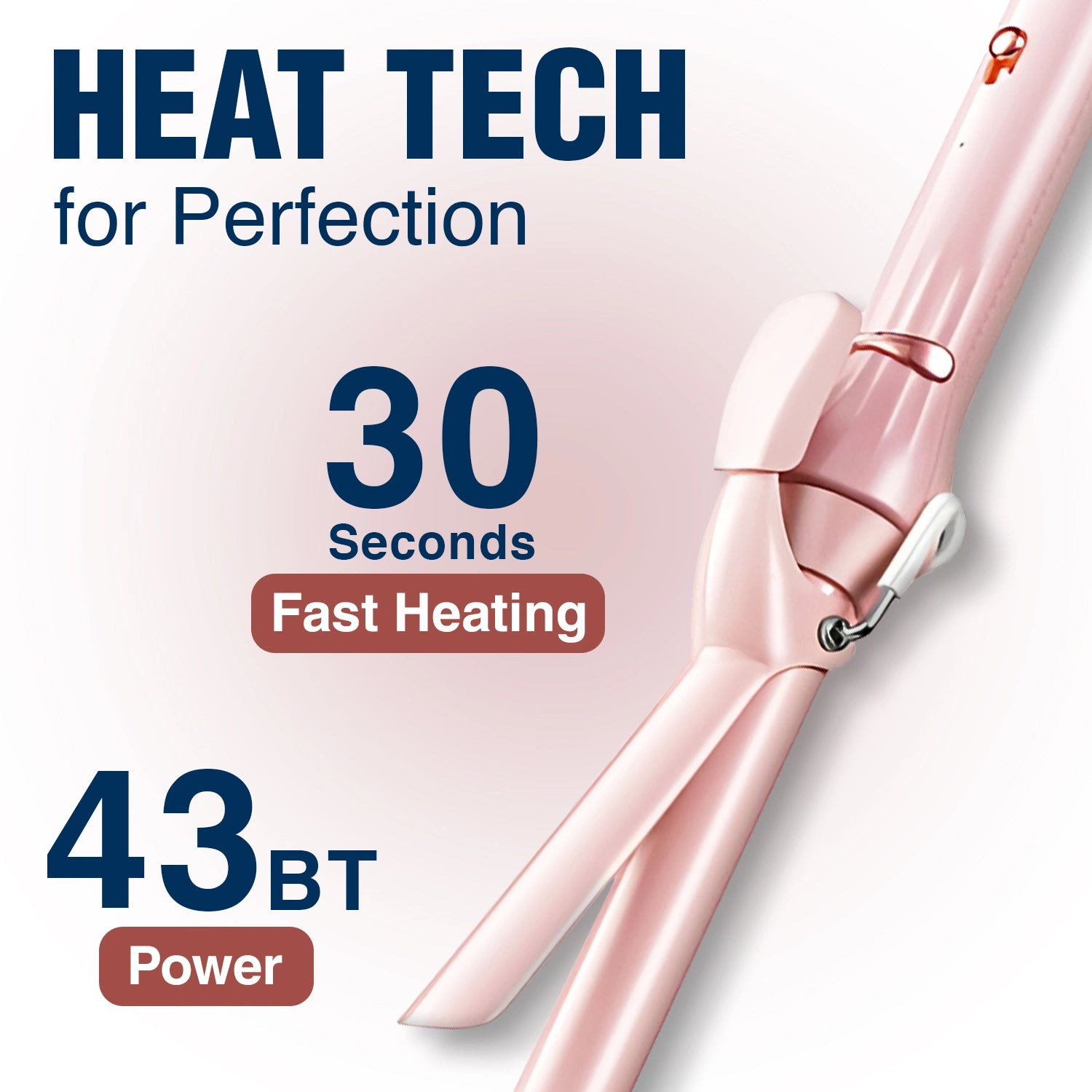 Pink hair straightener with text highlighting fast heating time and power rating on a white background