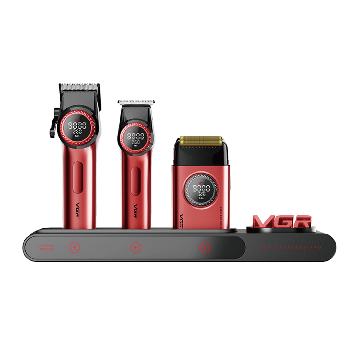 VGR Stepless Pro 3-in-1 Professional Grooming Kit for Salon & Men with Charging Station, Stepless Speed Control, Ceramic DLC Blades, Double Titanium Foils, LED Display, Red