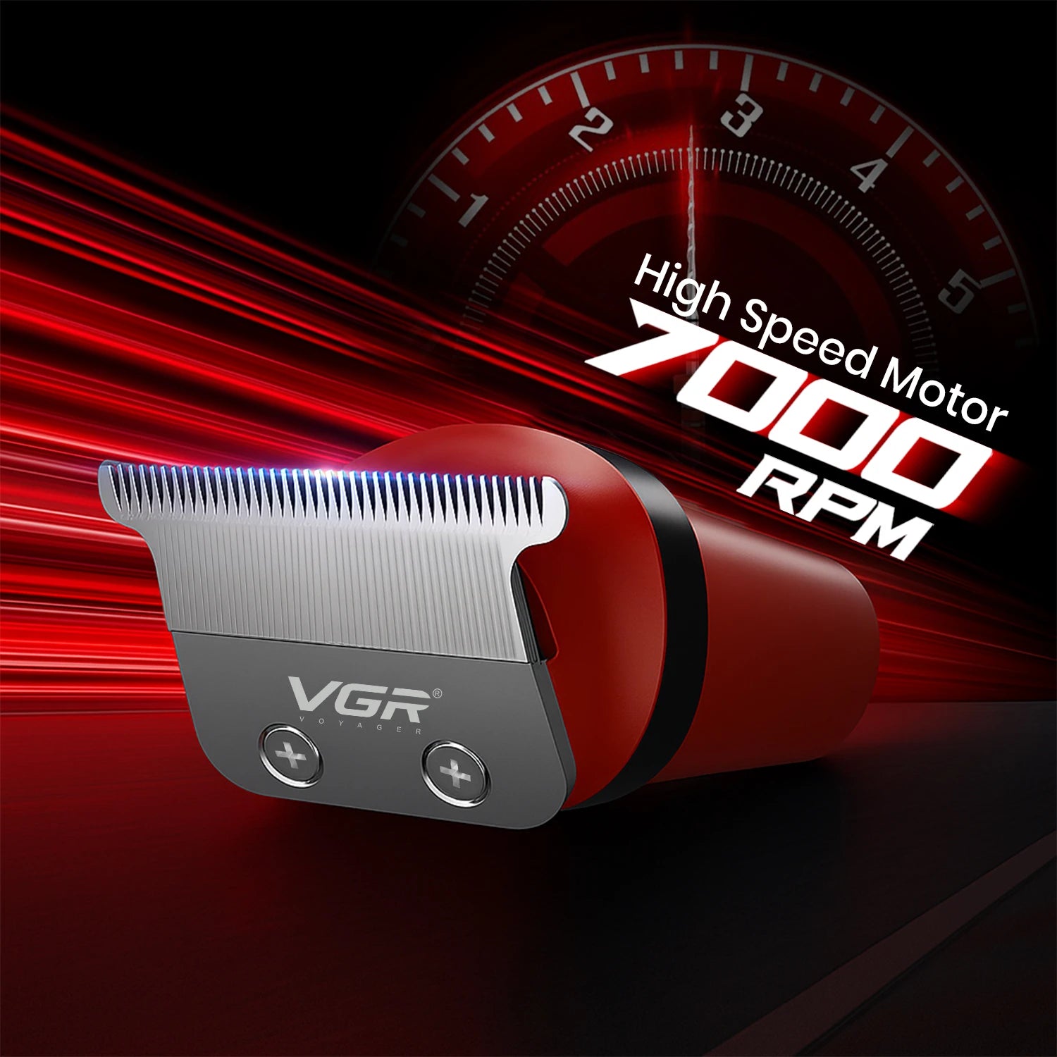 Red and gray VGR hair trimmer with high-speed motor text on a dark background