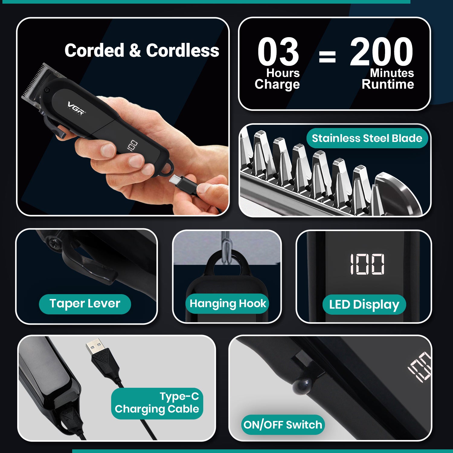 VGR VL-118 Limited Edition Hair Clipper For Men, Black