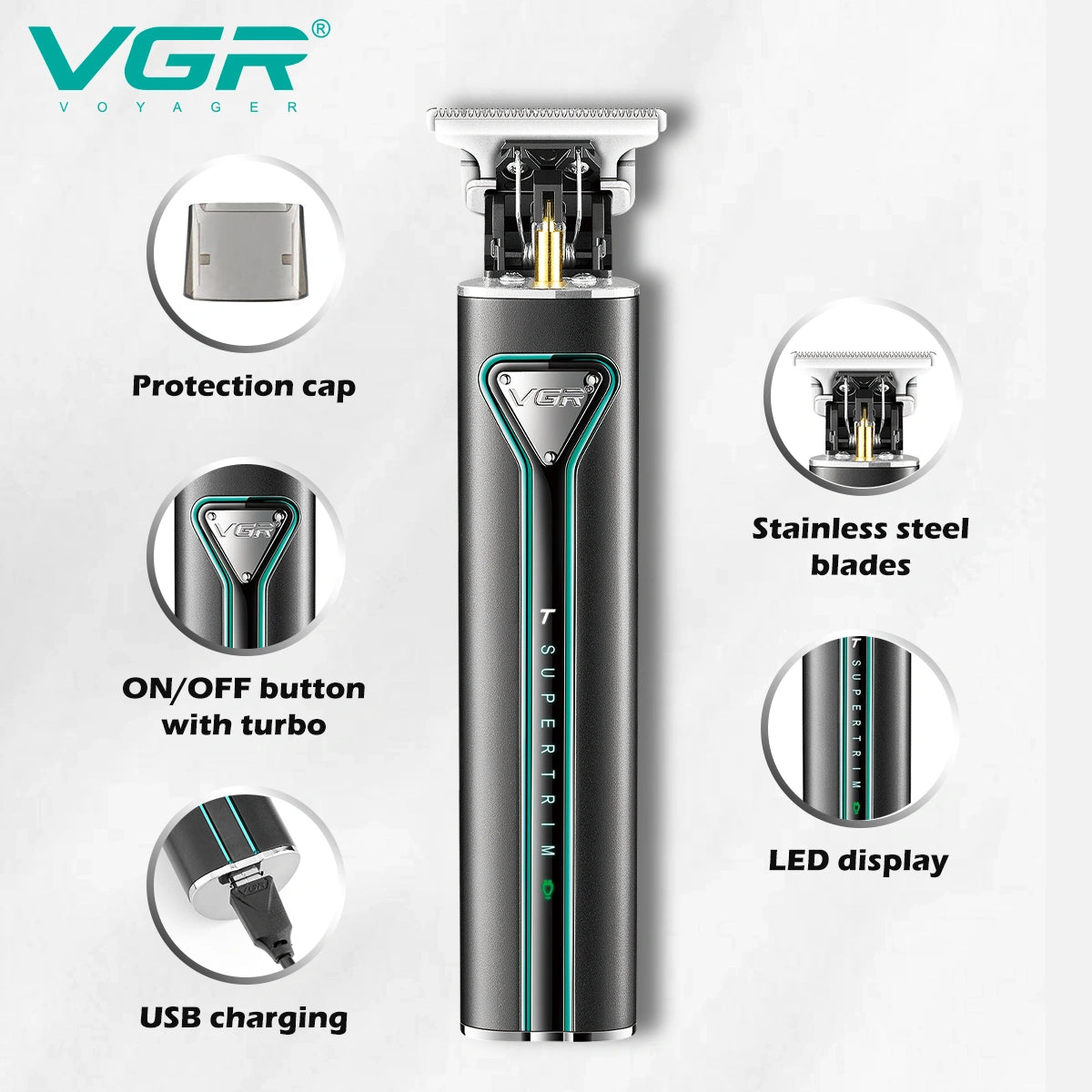 VGR V-009 Rechargeable Hair Trimmer for Men, Turbo Mode, 250 Min Runtime, Metal Body