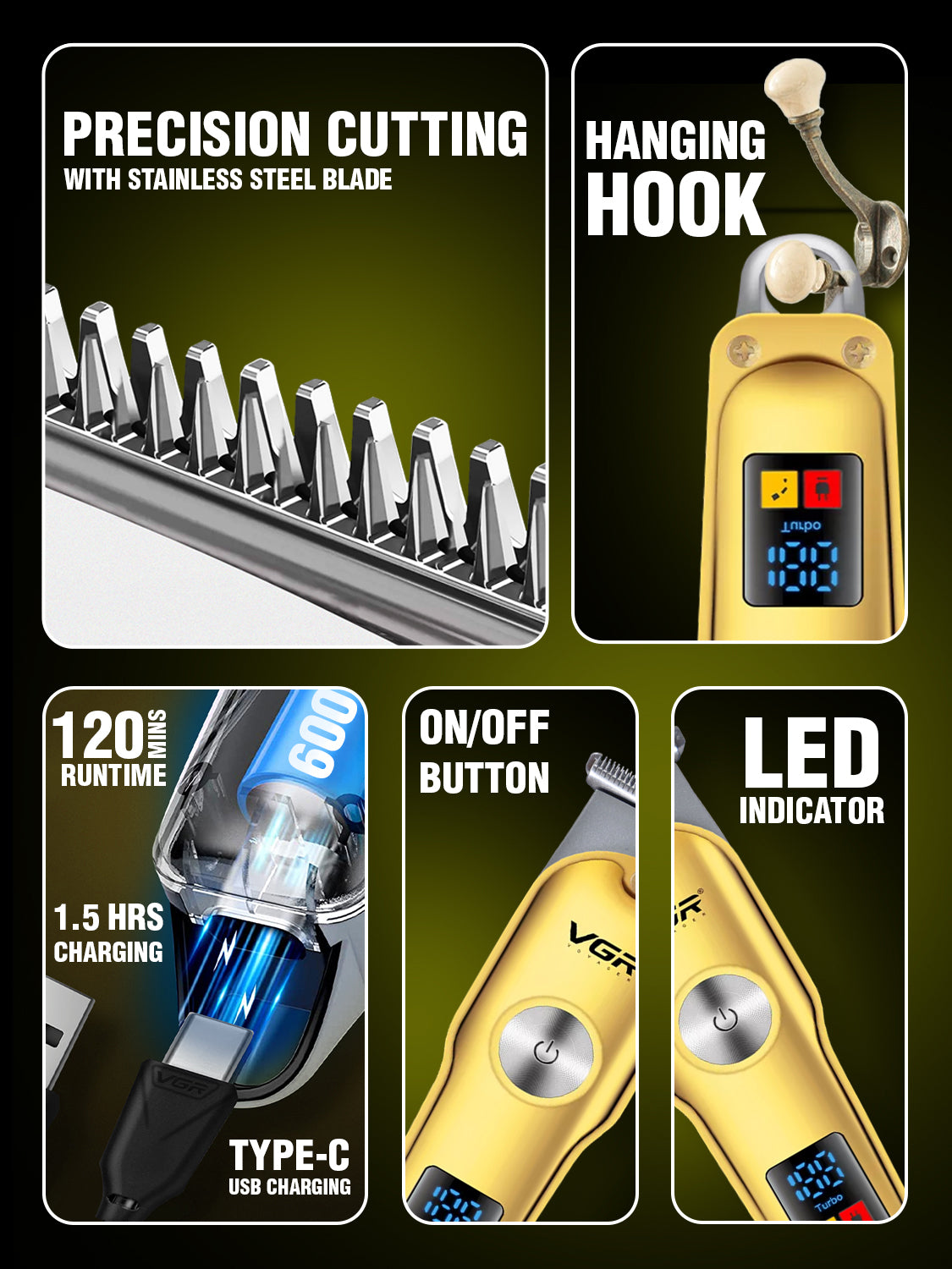 VGR V-290 Professional Hair Trimmer For Men with 120 Min Runtime, Gold