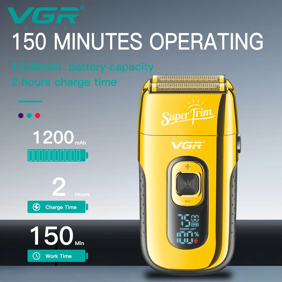 VGR V-332 Professional Foil Shaver for men, 150-Minute Runtime, Dual Independent Foils | Cordless & Corded Use | LED Display, Type-C USB Charging with 1 Year Warranty (Gold)