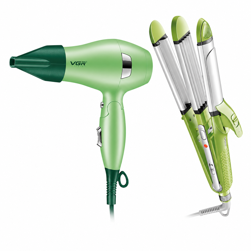 VGR V-569 4-in-1 Hair Styler & V-432 Hair Dryer Professional Grooming Combo, Green Image