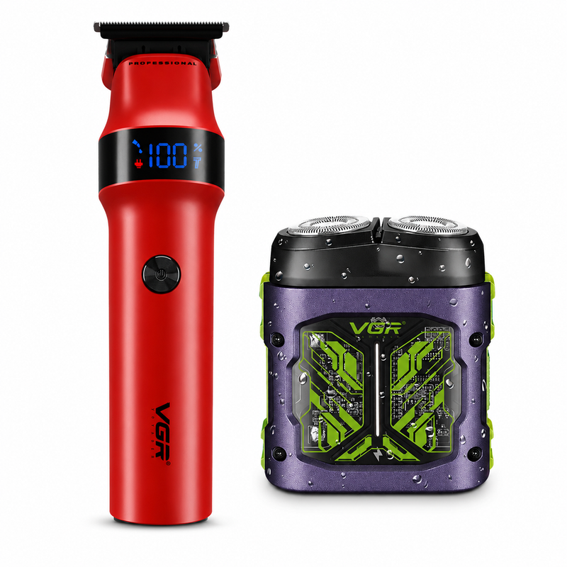 VGR Rosso Hair Trimmer & V-344 Rotary Shaver Professional Grooming Combo, Red & Purple Image