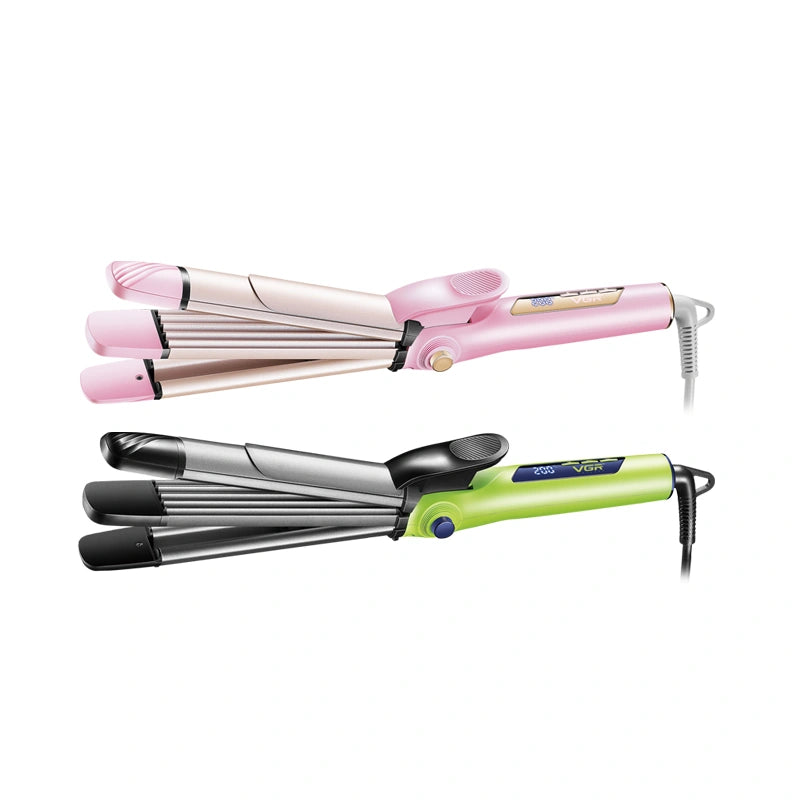 Two hair straighteners, one pink and white, the other green and black, on a white background.