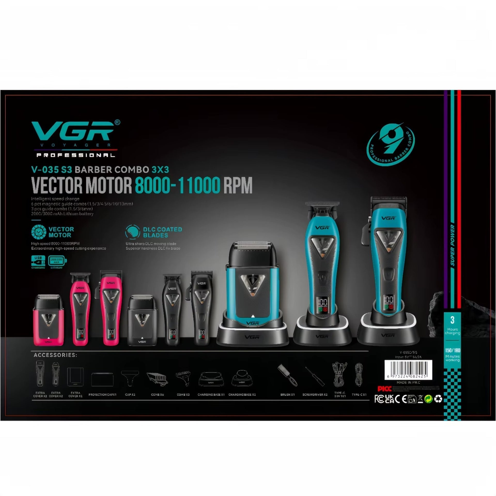 VGR V-035 S3 Professional Barber Combo For Men, 8000-11000 RPM, 3-in-1 Grooming Kit, Blue