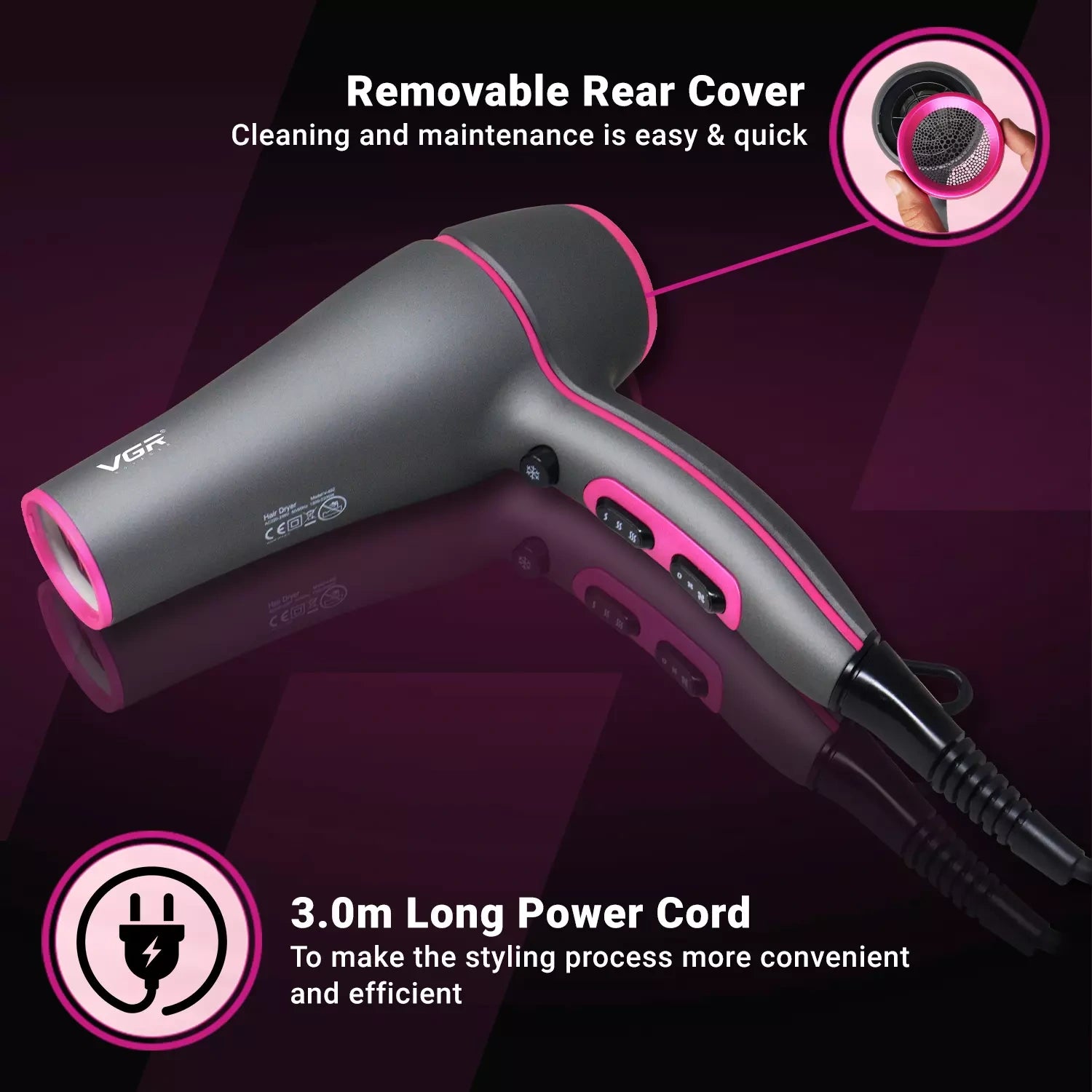 VGR V-402 Hair Dryer For Women, Black