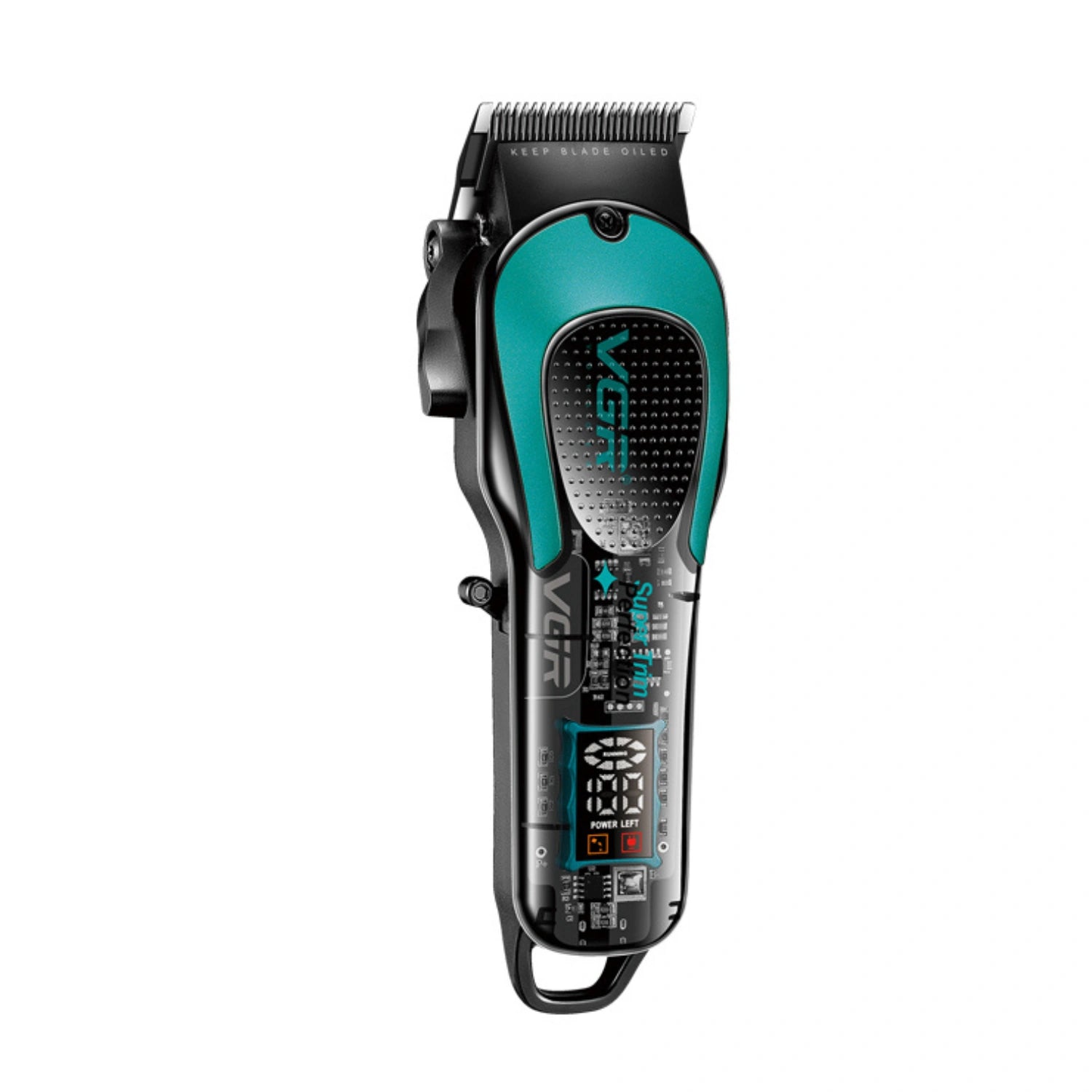 Hair clipper with teal and black design on a white background