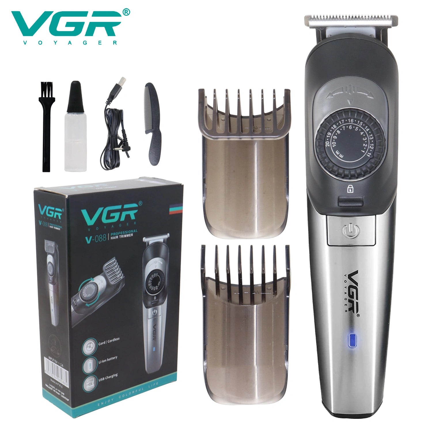 VGR V-088 hair trimmer for men displayed along with its accessories such as charging cable, cleaning brush, and guide combs. The product is shown in silver color with a digital zoom wheel on the handle.