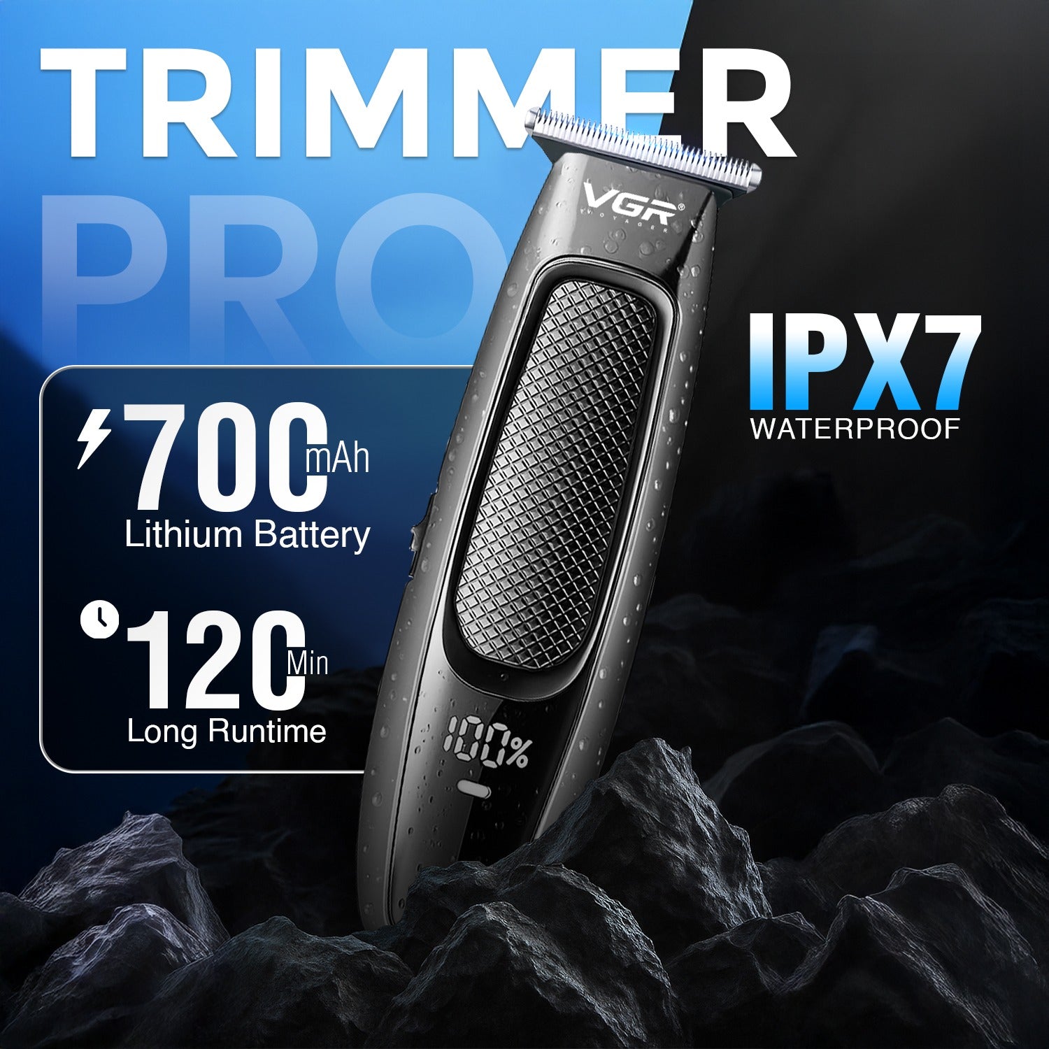 VGR trimmer pro with battery and waterproof features on a dark background
