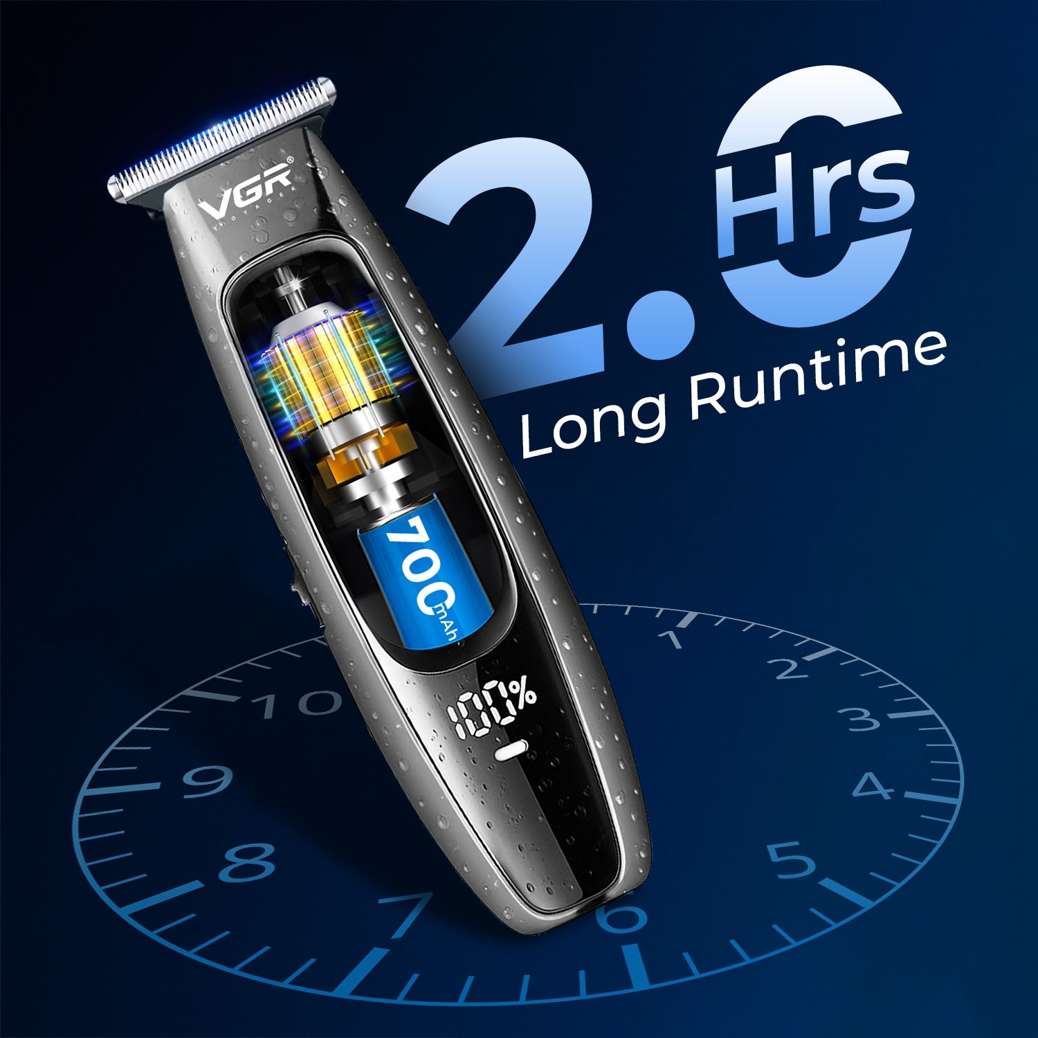 VGR trimmer with battery display on a dark blue background