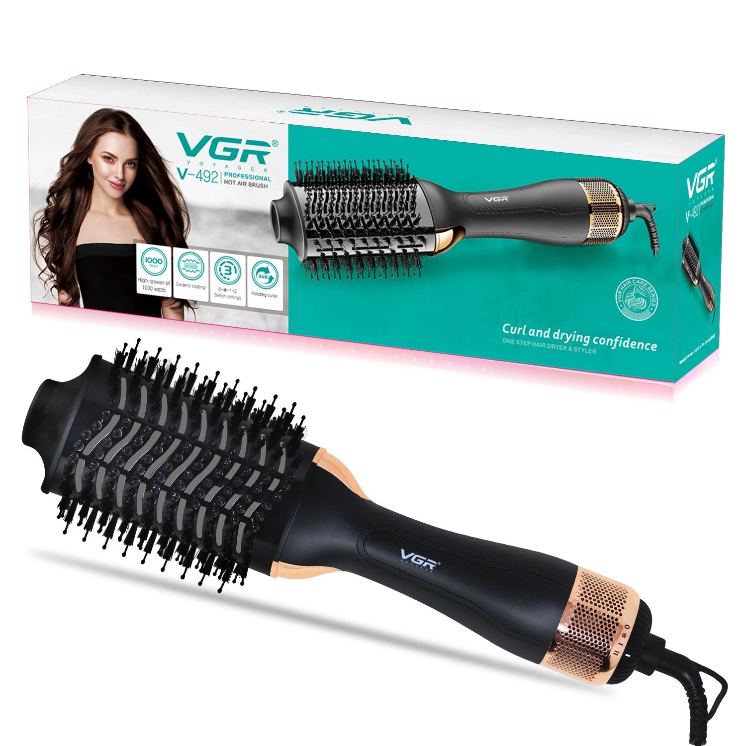 VGR V-492 Professional Hot Air Brush packaging and the brush itself displayed. The packaging shows an image of a woman with curly hair and the brush has a black and gold design.