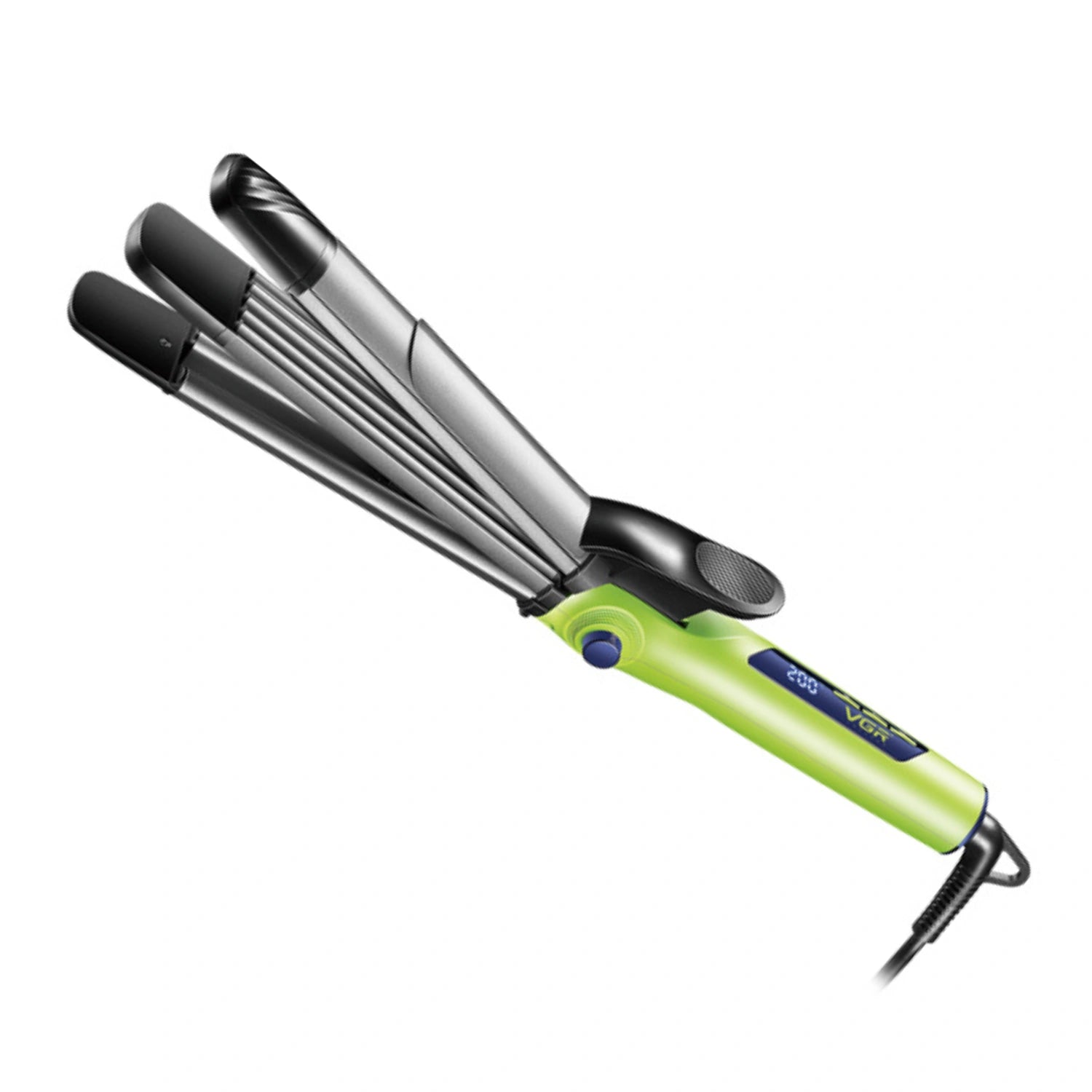 Hair straightener with green handle on a white background