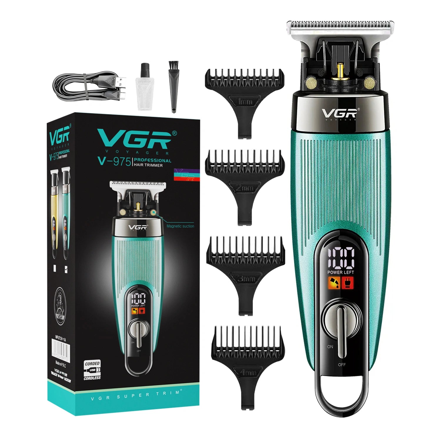 VGR V-975 Professional Salon Series Hair Trimmer in teal color with various accessories including guide combs and a USB charging cable, displayed alongside its packaging box.