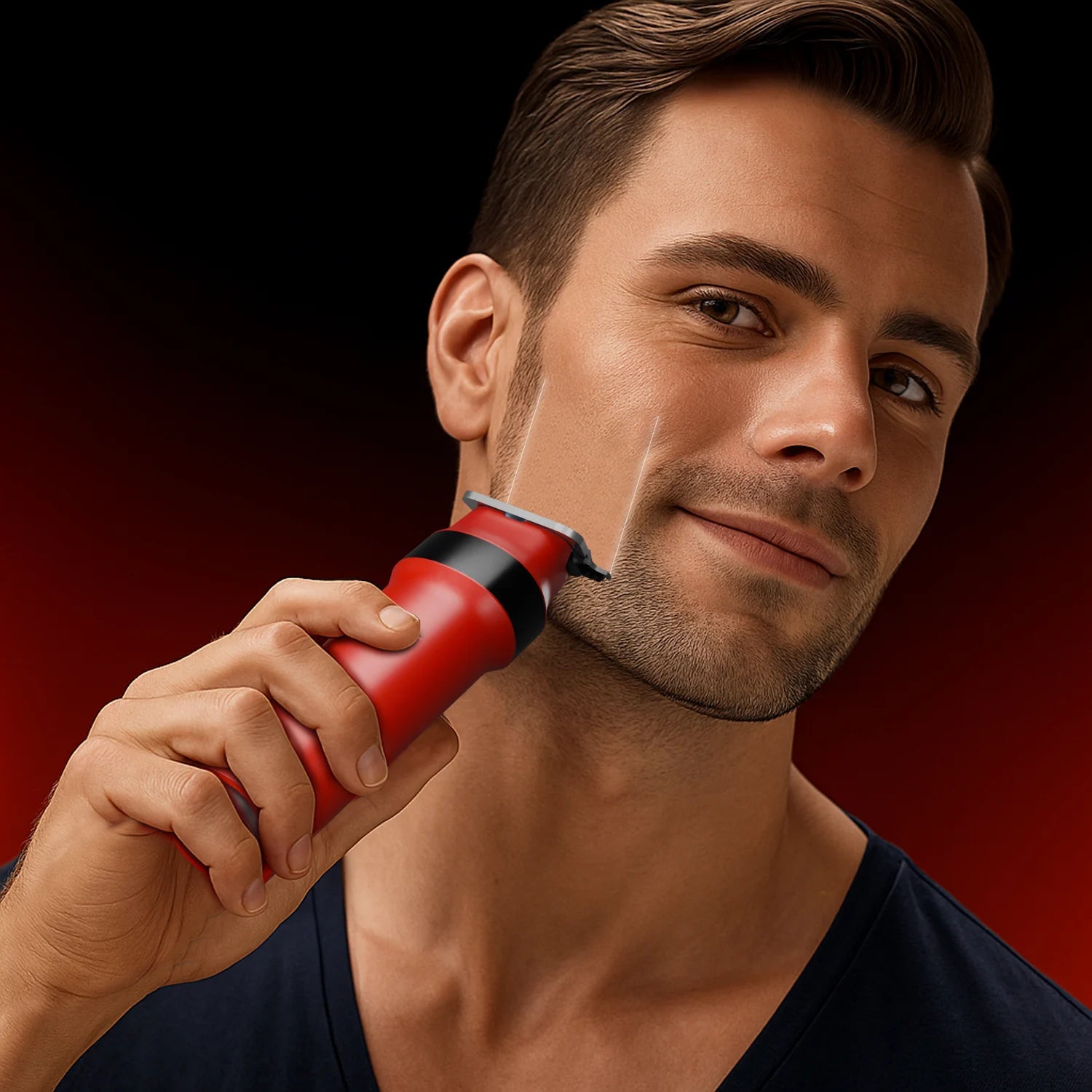 Man using a red electric shaver against a dark background