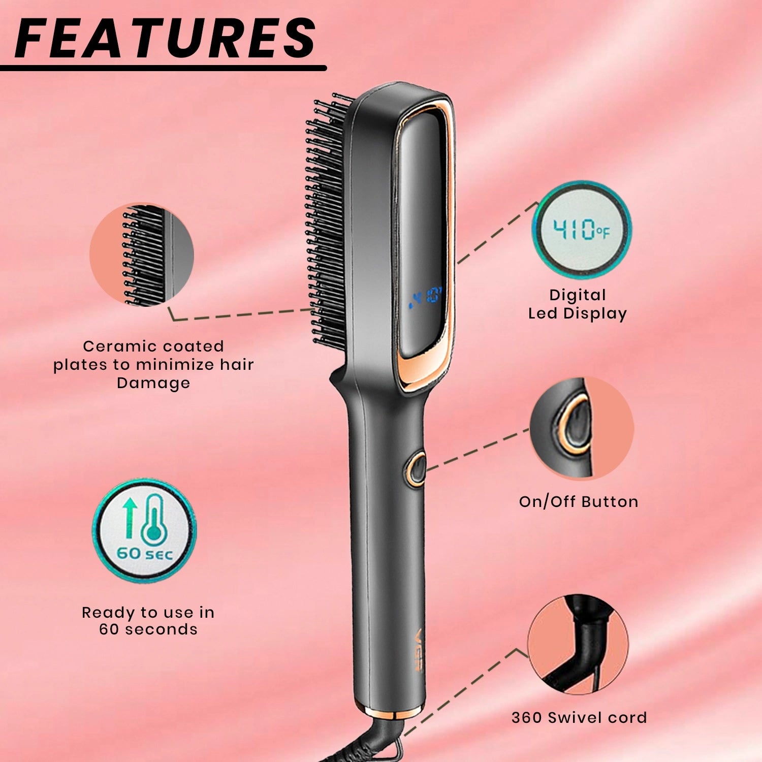 VGR V-560 Professional Ceramic Coating Comb & Hair Straightener Brush (Black)