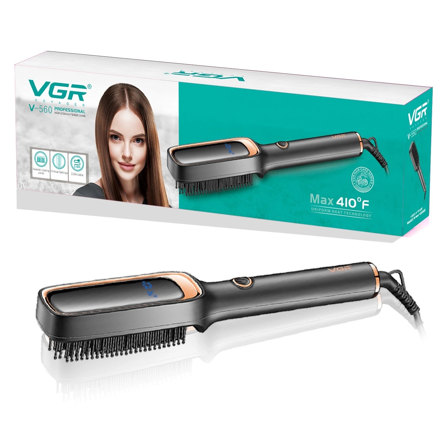 VGR V-560 Professional Ceramic Coating Comb & Hair Straightener Brush (Black)