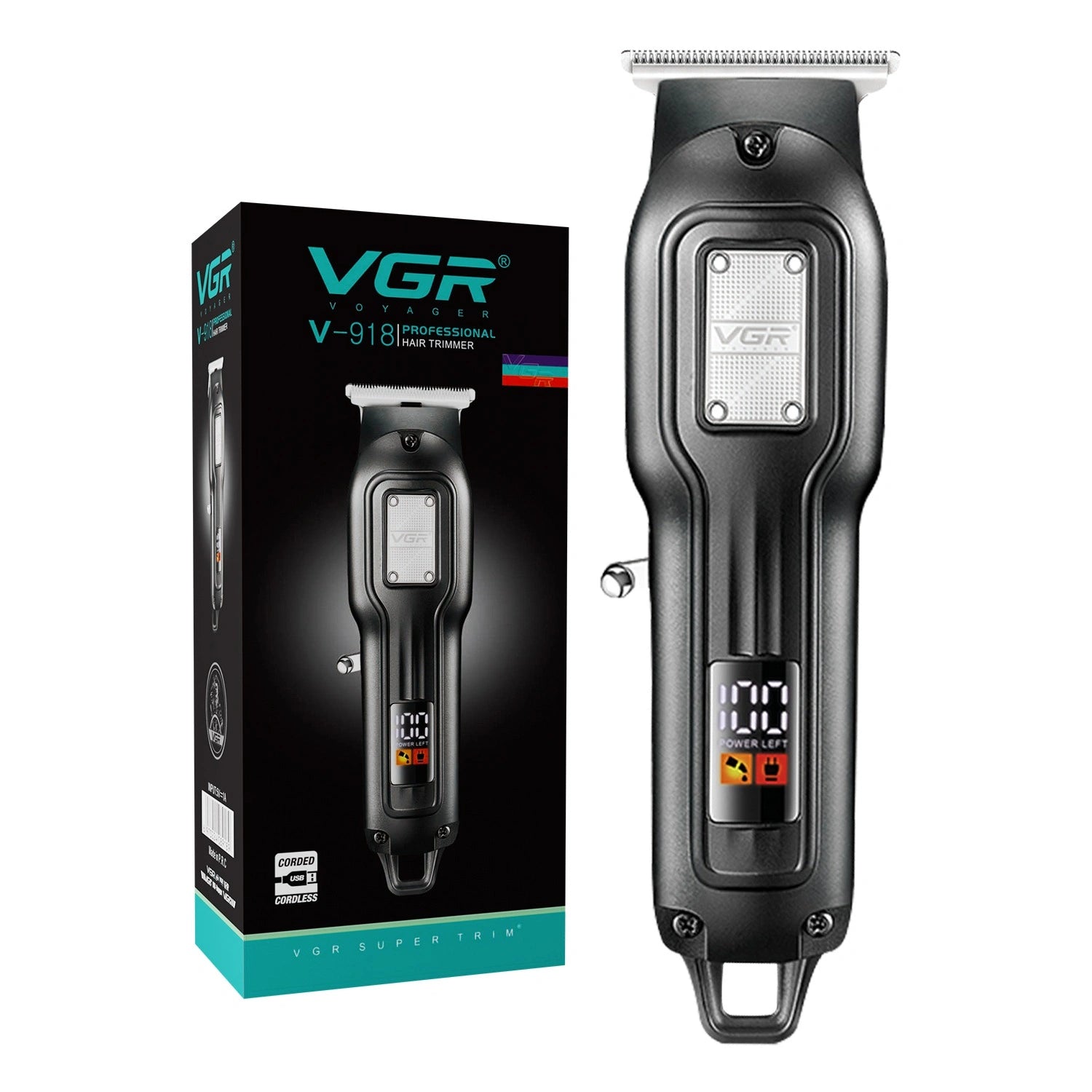 VGR V-918 Professional Hair Trimmer with Precision T-Blade, LED Display, and 100-Minute Runtime, Black
