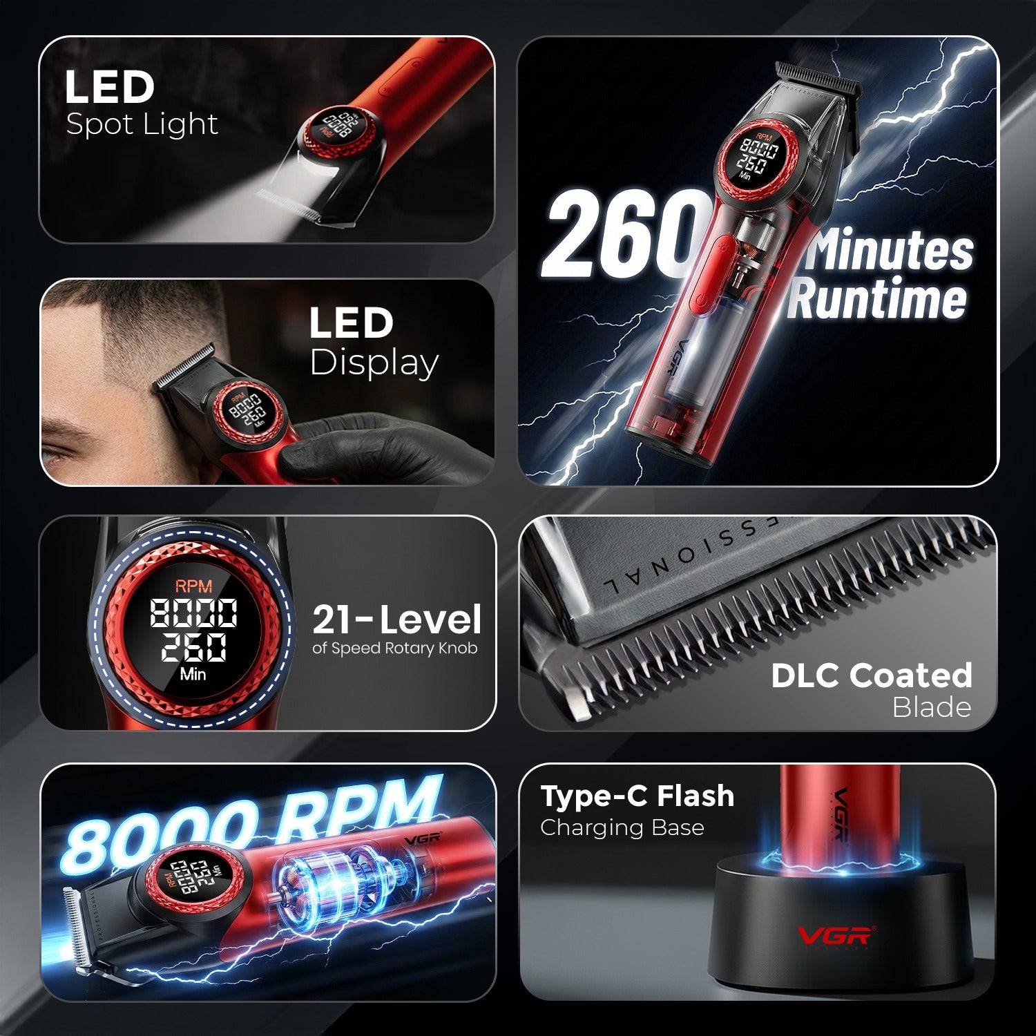 VGR Mr. SUPER POWER Stepless Pro 4-in-1 Barber Series Combo Kit for Salon, Red