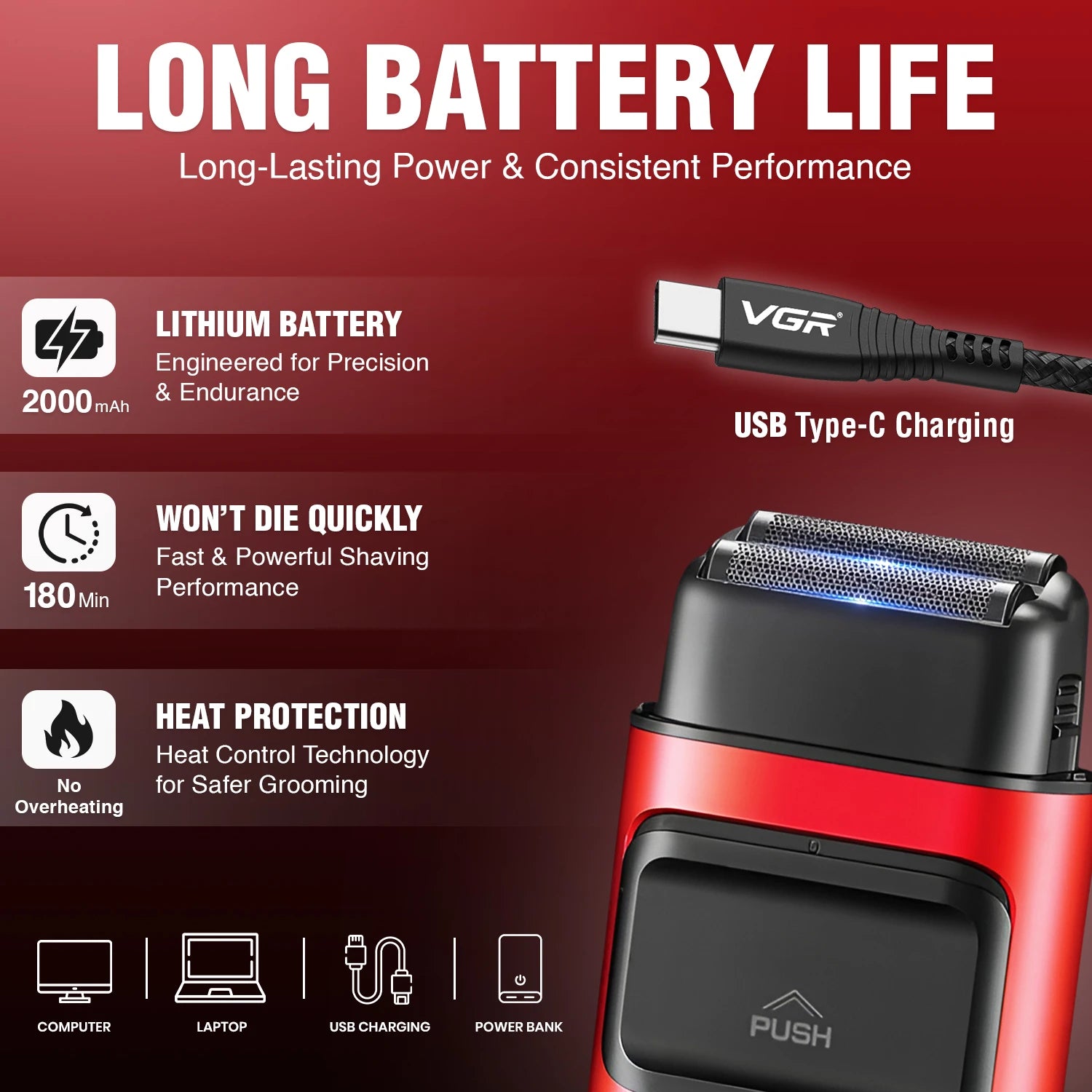 VGR V-307 Professional Foil Shaver for Men with 180 min Runtime, Red