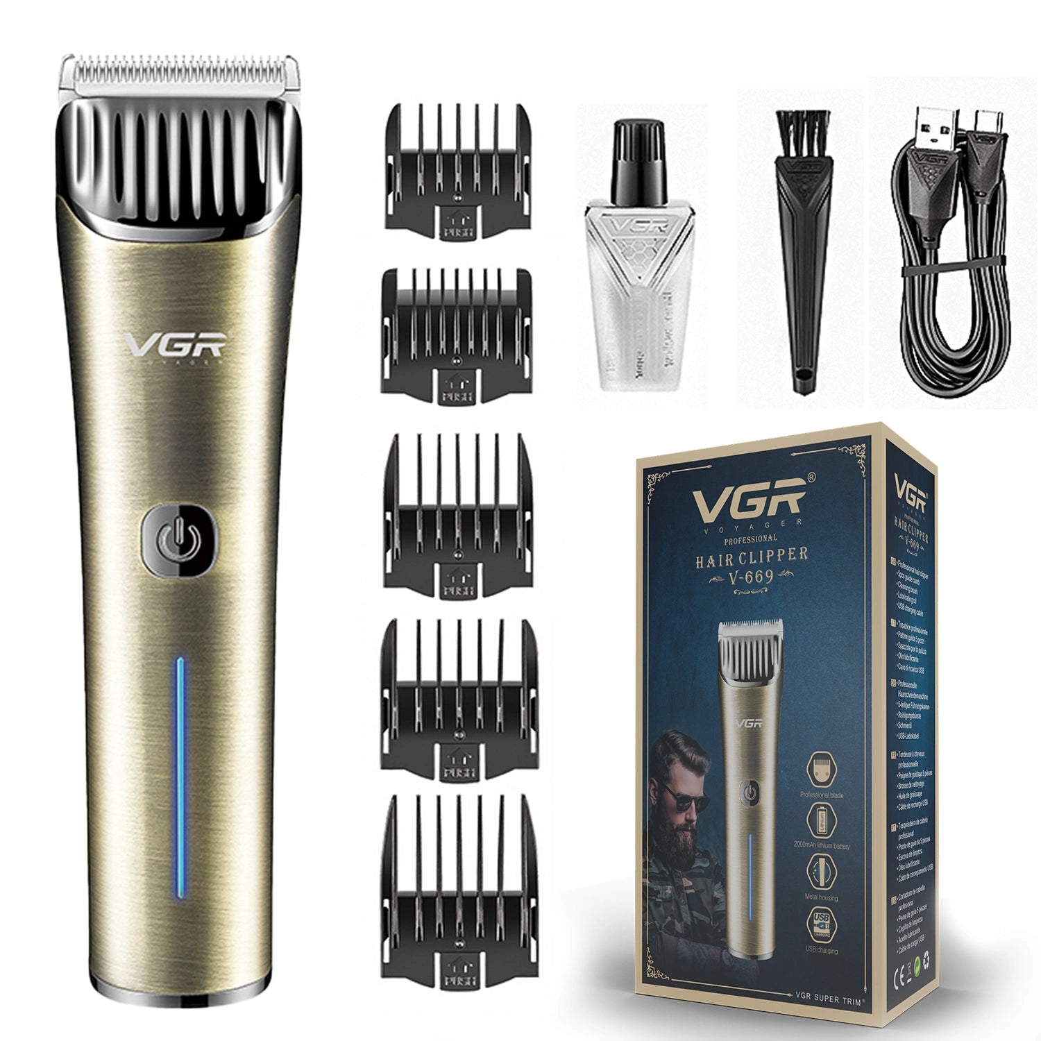 A set of VGR V-669 Professional Salon Quality Hair Clippers in gold color, including various attachments such as guide combs, oil, cleaning brush, USB cable, and the product packaging box.