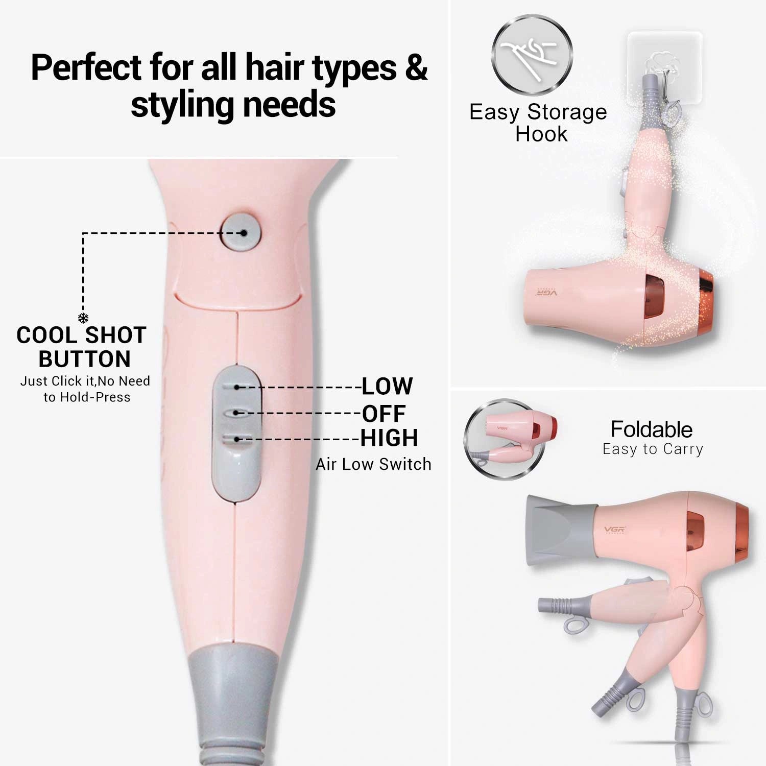 VGR V-432 Professional Foldable Hair Dryer, DC motor, Ionic, 1000W