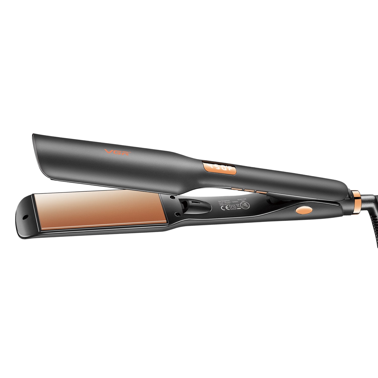 Black hair straightener with orange accents on a white background