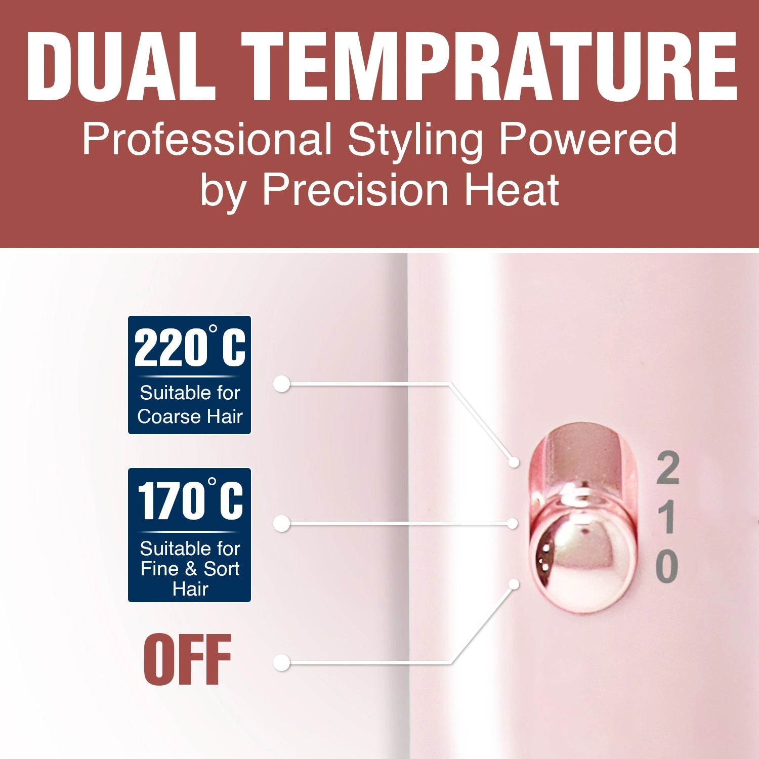 Dual temperature control panel for hair styling equipment with temperature settings and a power indicator.