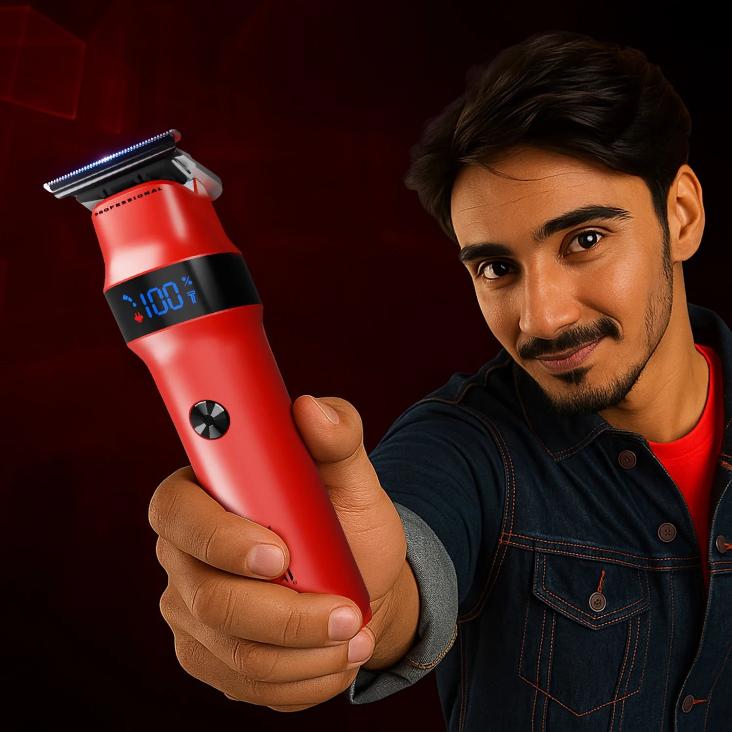 Man holding a red grooming tool with digital display against a dark background