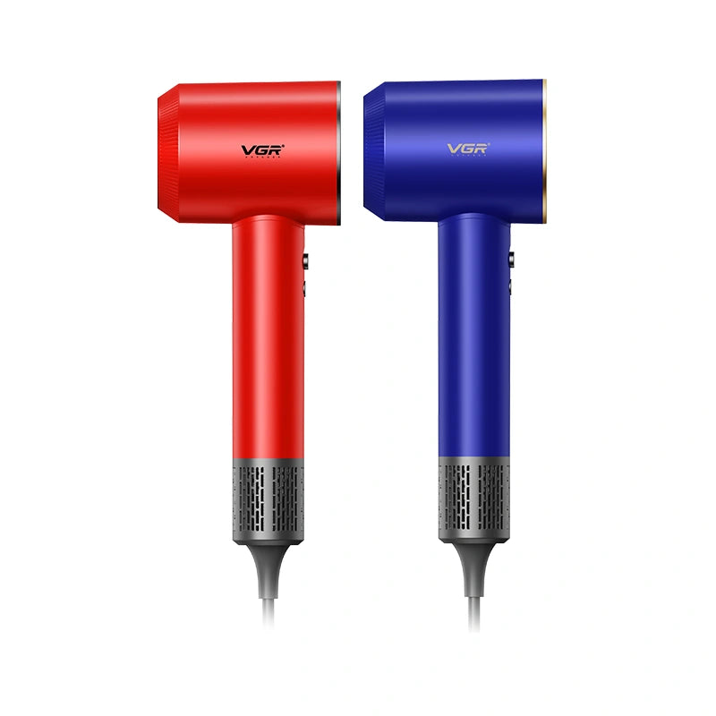Red and blue VGR hair dryers on a white background
