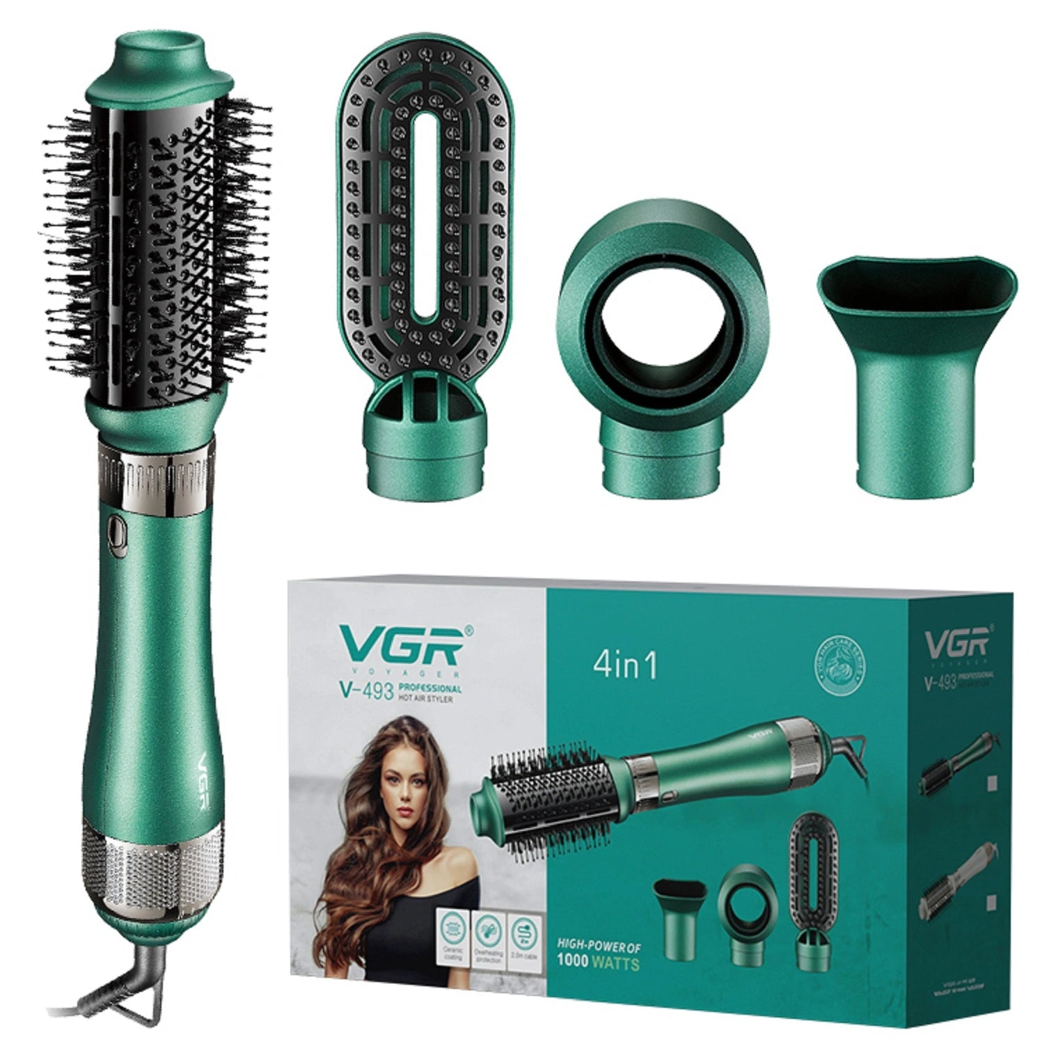 A set of VGR V-493 4-in-1 hot air styler for women including the main handle, a round brush, a straightening attachment, and a diffuser. The product is green and silver with black attachments, displayed alongside its packaging.