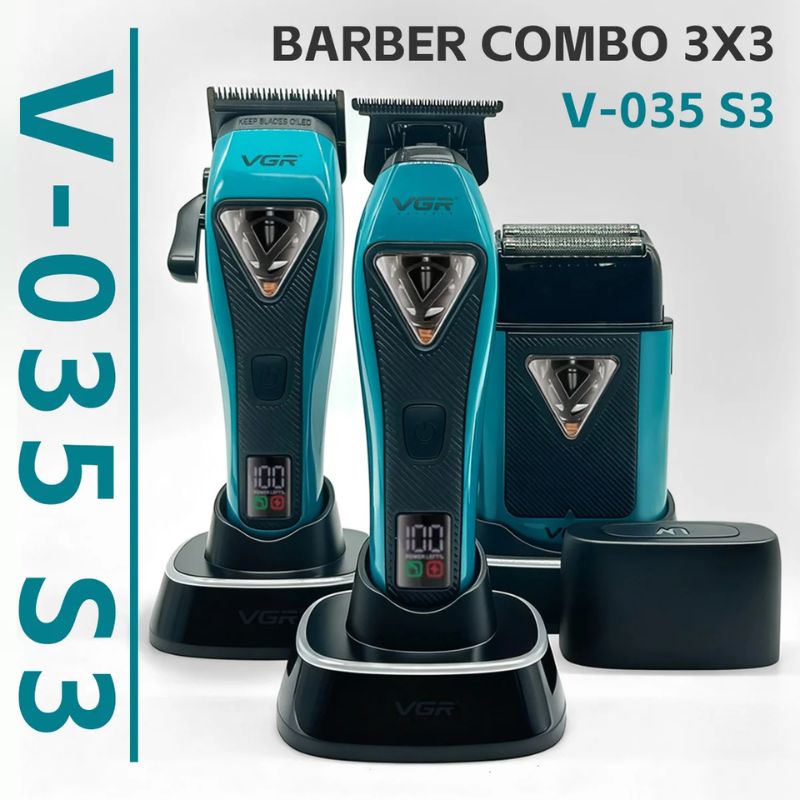 VGR V-035 S3 Professional Barber Combo For Men, 8000-11000 RPM, 3-in-1 Grooming Kit, Blue