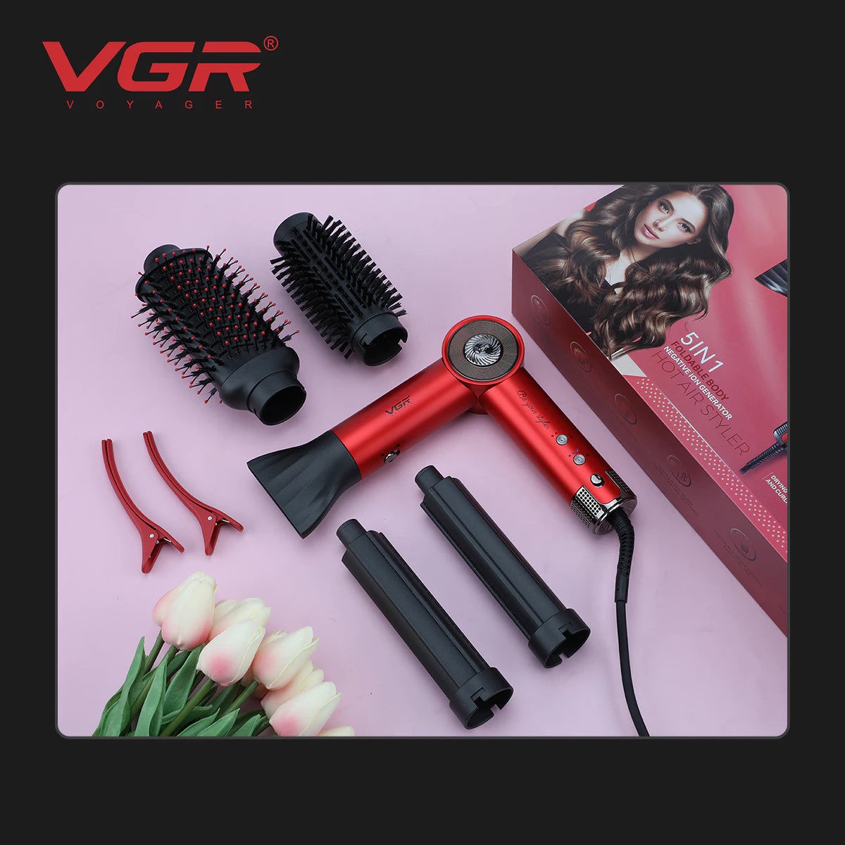 VGR V-483 Professional 5-in-1 Hot Air Styler For Women, 110000 RPM, 1000-1300W, Red