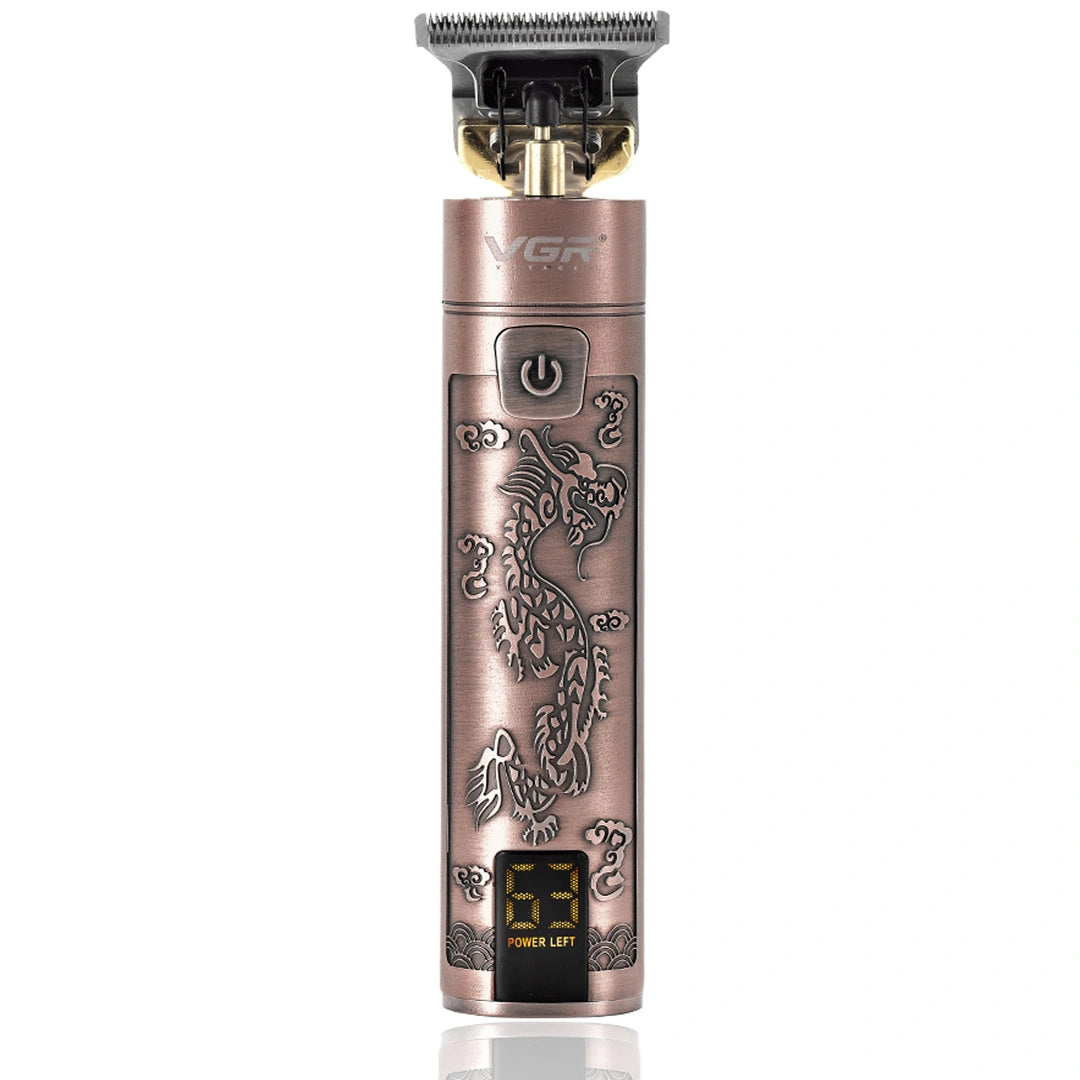 A VGR V-076 hair trimmer with a gold-colored metal body and digital LED display, featuring an ornate dragon design.