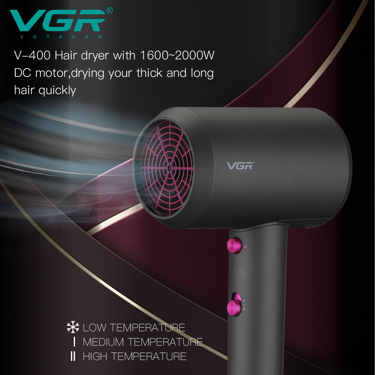 VGR V-400 Hair Dryer For Unisex, Black